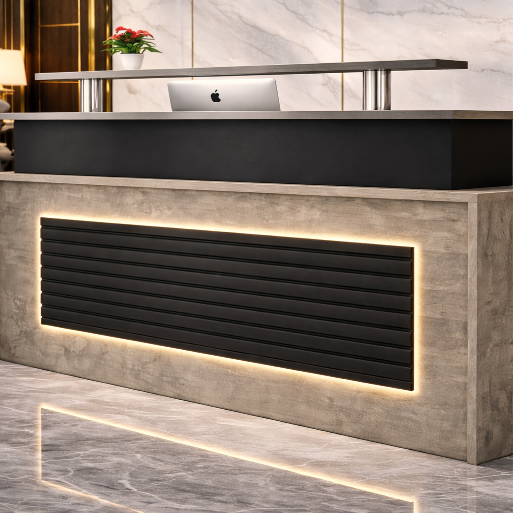 कार्यालय के लिए रिसेप्शन टेबल, लक्जरी मॉडल काउंटर डेस्क, MDF से निर्मित, दो वायर मैनेजर, 2 दराज और स्टोरेज और 2 व्यक्तियों के बैठने की जगह के साथ - ग्रे