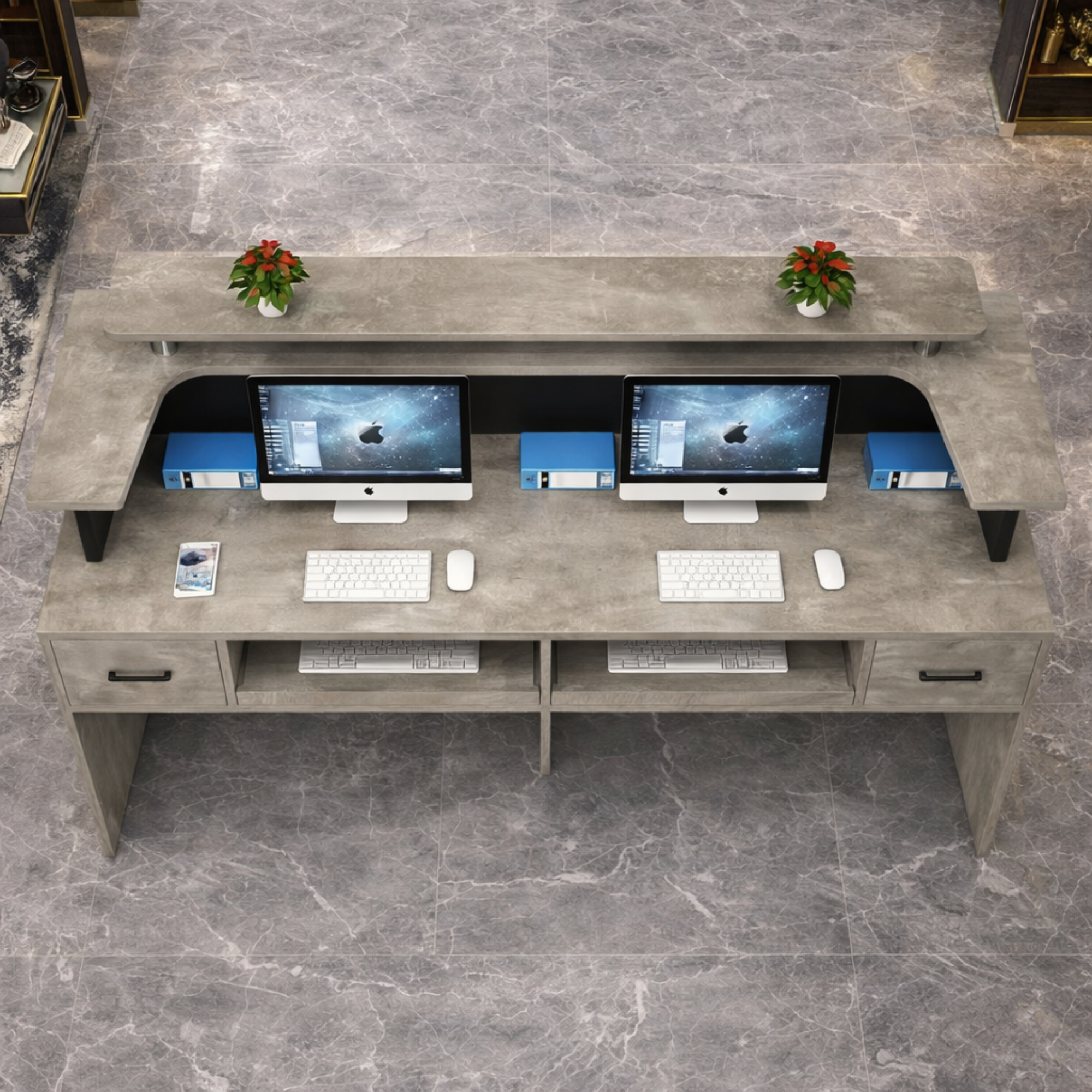 कार्यालय के लिए रिसेप्शन टेबल, लक्जरी मॉडल काउंटर डेस्क, MDF से निर्मित, दो वायर मैनेजर, 2 दराज और स्टोरेज और 2 व्यक्तियों के बैठने की जगह के साथ - ग्रे