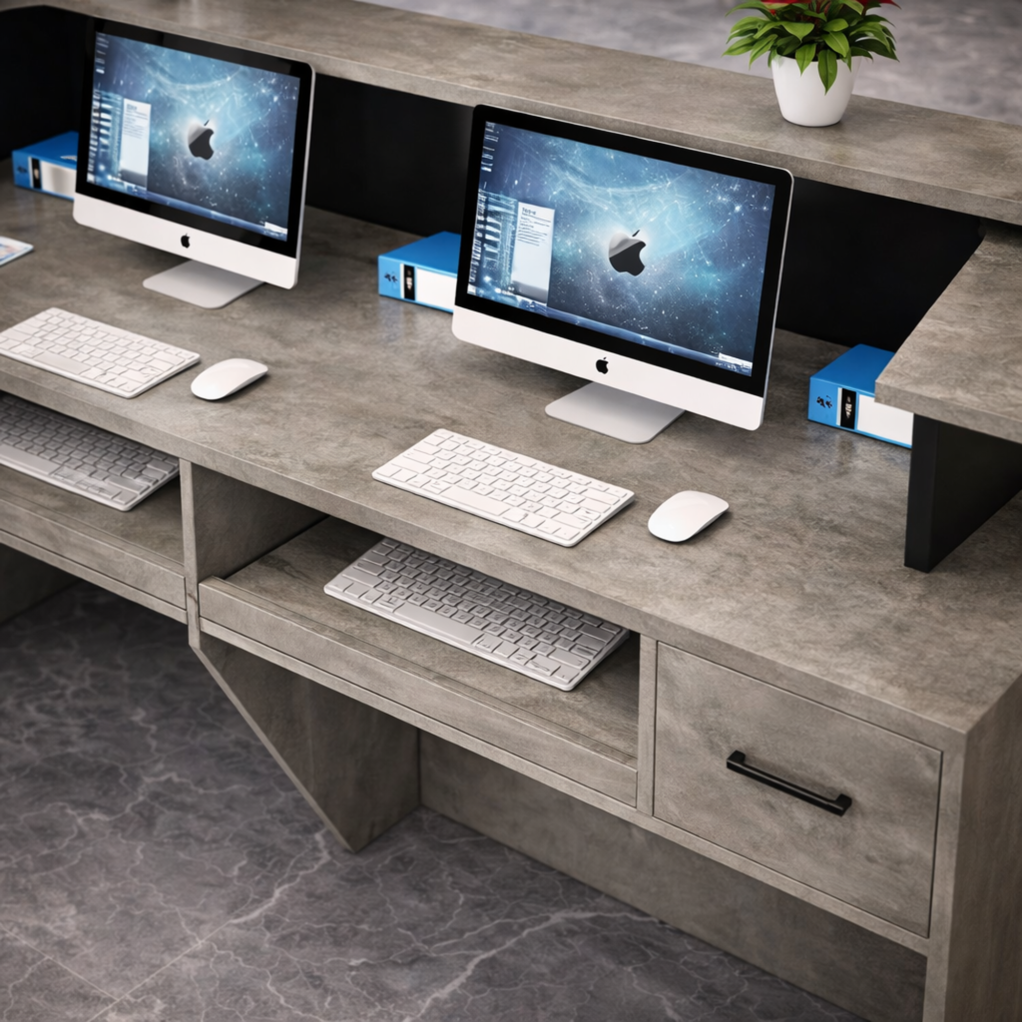 कार्यालय के लिए रिसेप्शन टेबल, लक्जरी मॉडल काउंटर डेस्क, MDF से निर्मित, दो वायर मैनेजर, 2 दराज और स्टोरेज और 2 व्यक्तियों के बैठने की जगह के साथ - ग्रे