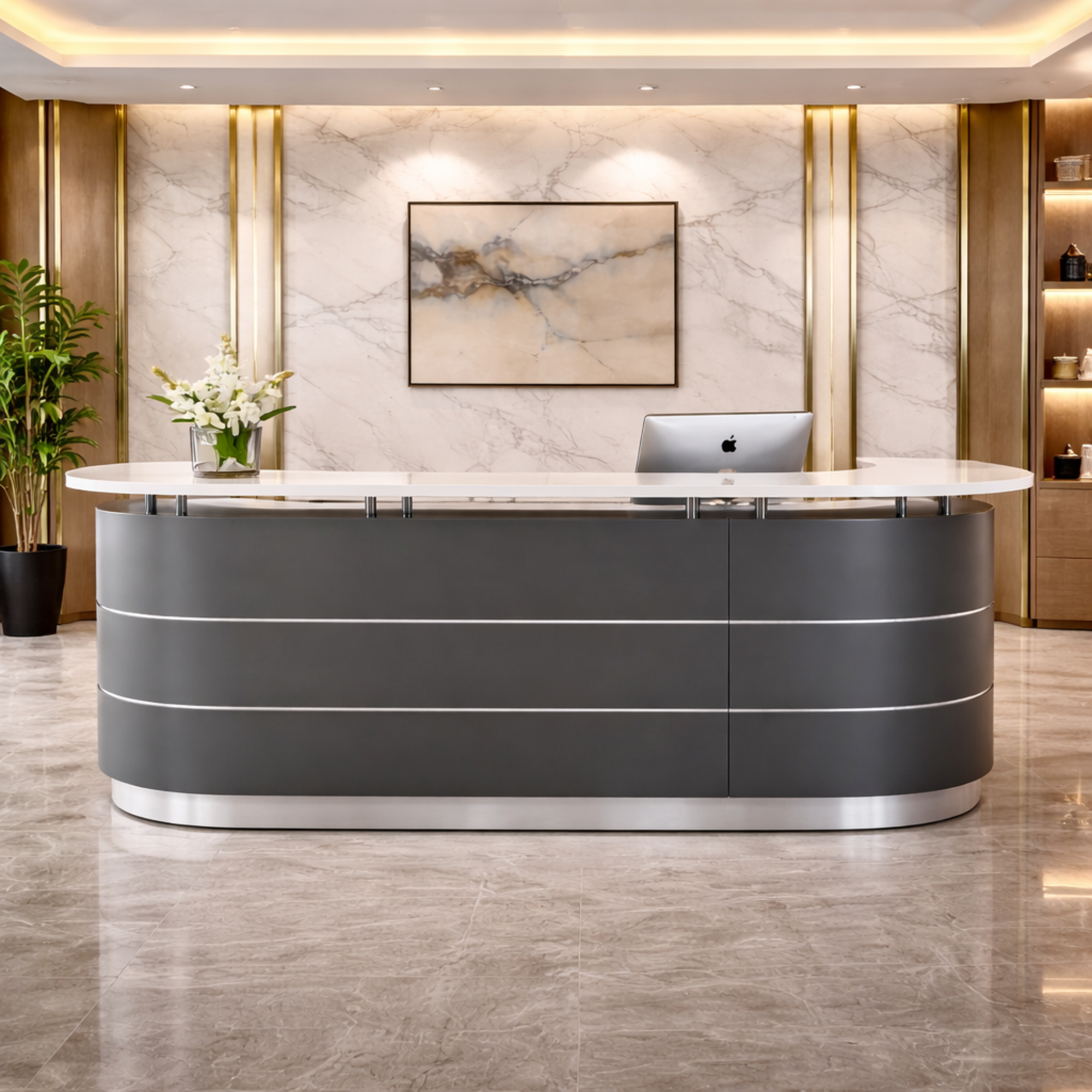 অফিসের বিলাসবহুল ডিজাইনের কাউন্টার ডেস্কের জন্য অভ্যর্থনা টেবিল, প্লাইউড দিয়ে তৈরি, যার উপরে এসএস পিলার এবং অফিস এবং পেডেস্টালের অভ্যন্তরীণ স্টাইল রয়েছে - ধূসর