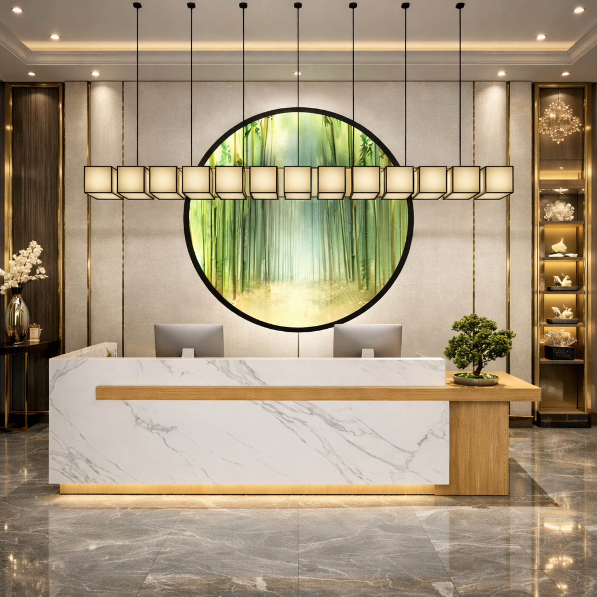 অফিসের জন্য অভ্যর্থনা টেবিল বিলাসবহুল আধুনিক গোলাকার কাস্টম কাউন্টার স্টাইলিশ ডিজাইন মার্বেল প্যাটার্ন এবং ড্রয়ার কীবোর্ড ট্রে এবং CPU স্পেস এবং স্টোরেজ সহ MDF দিয়ে তৈরি - সাদা রঙ