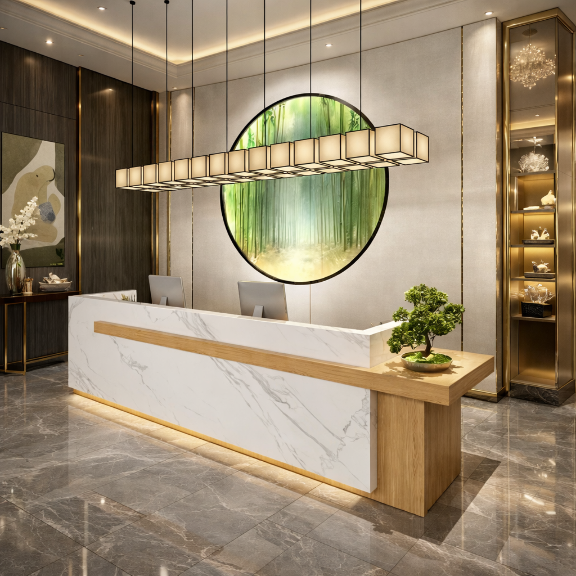 Reception Table for Office Luxury Modern Round Custom Counter Stylish Design Made in MDF with Marble Pattern and drawer Keyboard tray and CPU Space and Storage - White Color