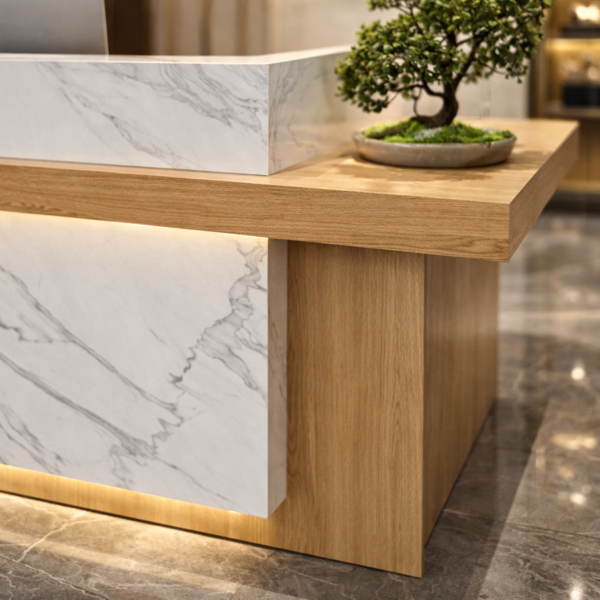 Reception Table for Office Luxury Modern Round Custom Counter Stylish Design Made in MDF with Marble Pattern and drawer Keyboard tray and CPU Space and Storage - White Color