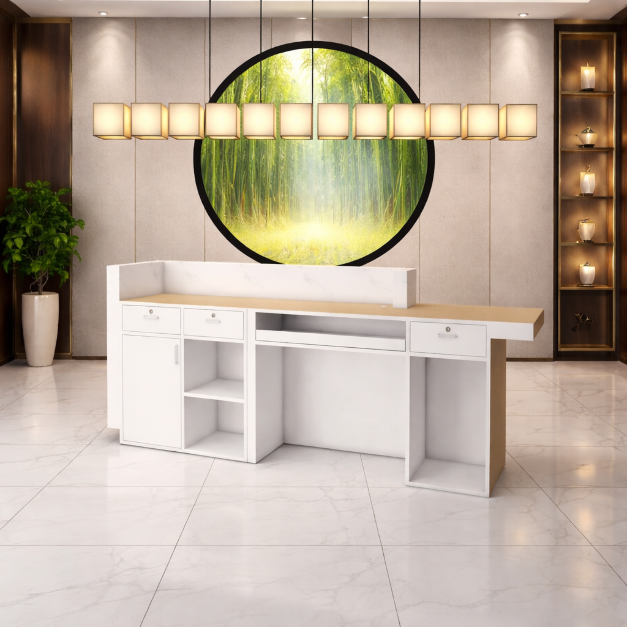 Reception Table for Office Luxury Modern Round Custom Counter Stylish Design Made in MDF with Marble Pattern and drawer Keyboard tray and CPU Space and Storage - White Color