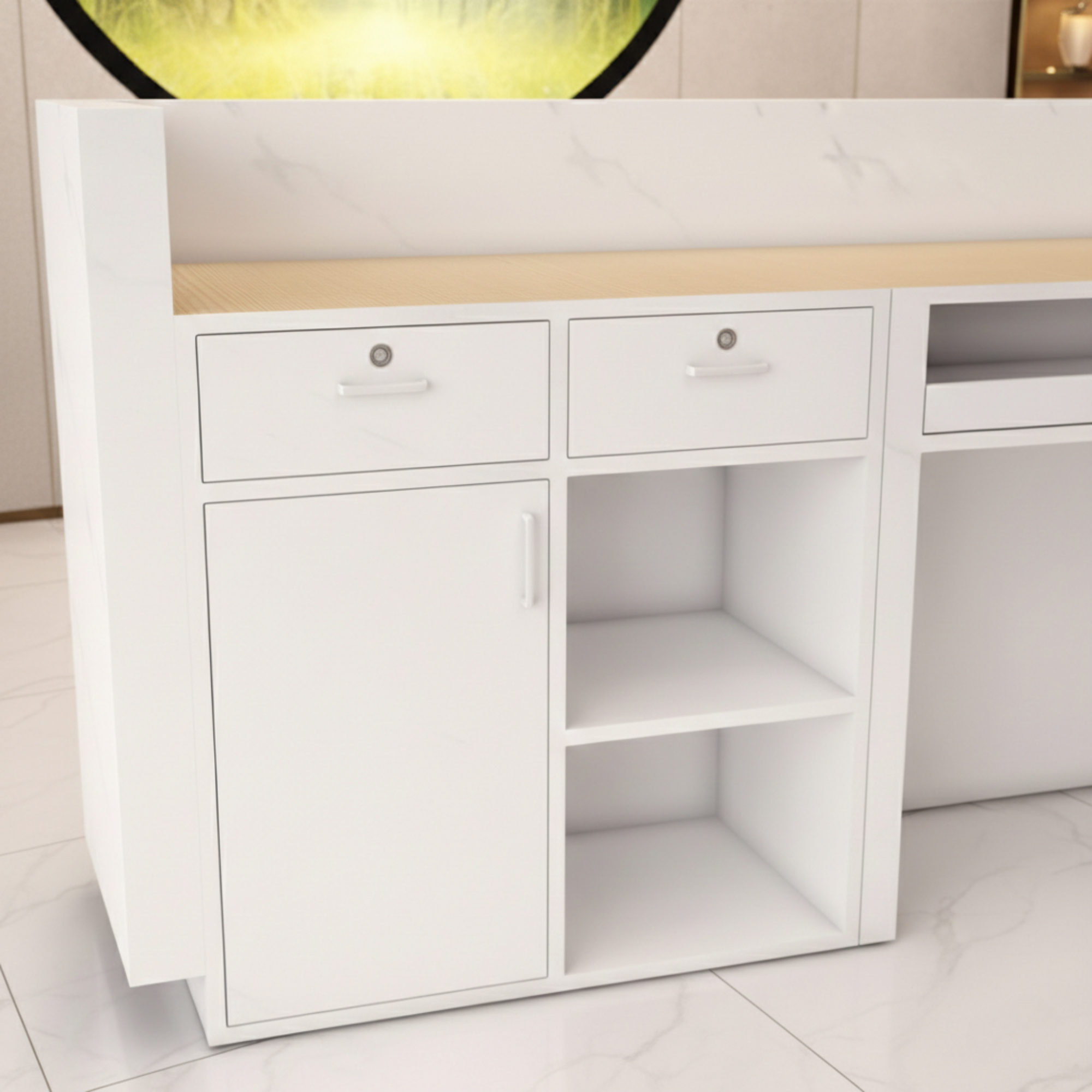 Reception Table for Office Luxury Modern Round Custom Counter Stylish Design Made in MDF with Marble Pattern and drawer Keyboard tray and CPU Space and Storage - White Color