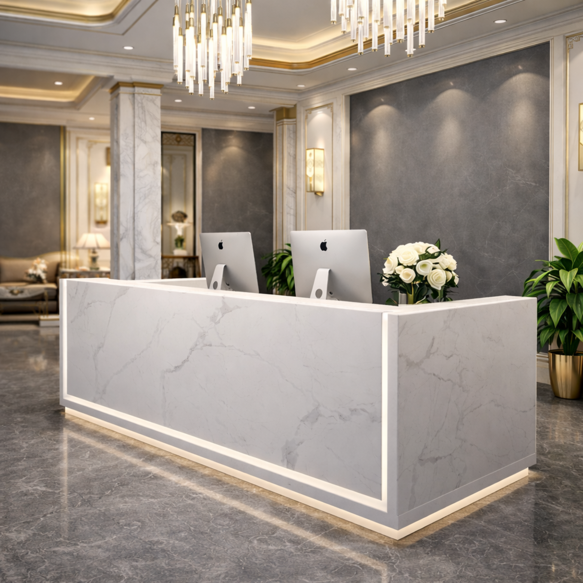 Reception Table for Office Luxury Modern Counter Stylish Design Made in MDF with Marble Pattern and drawer Keyword tray and CPU Space and Openable Storage - White Color