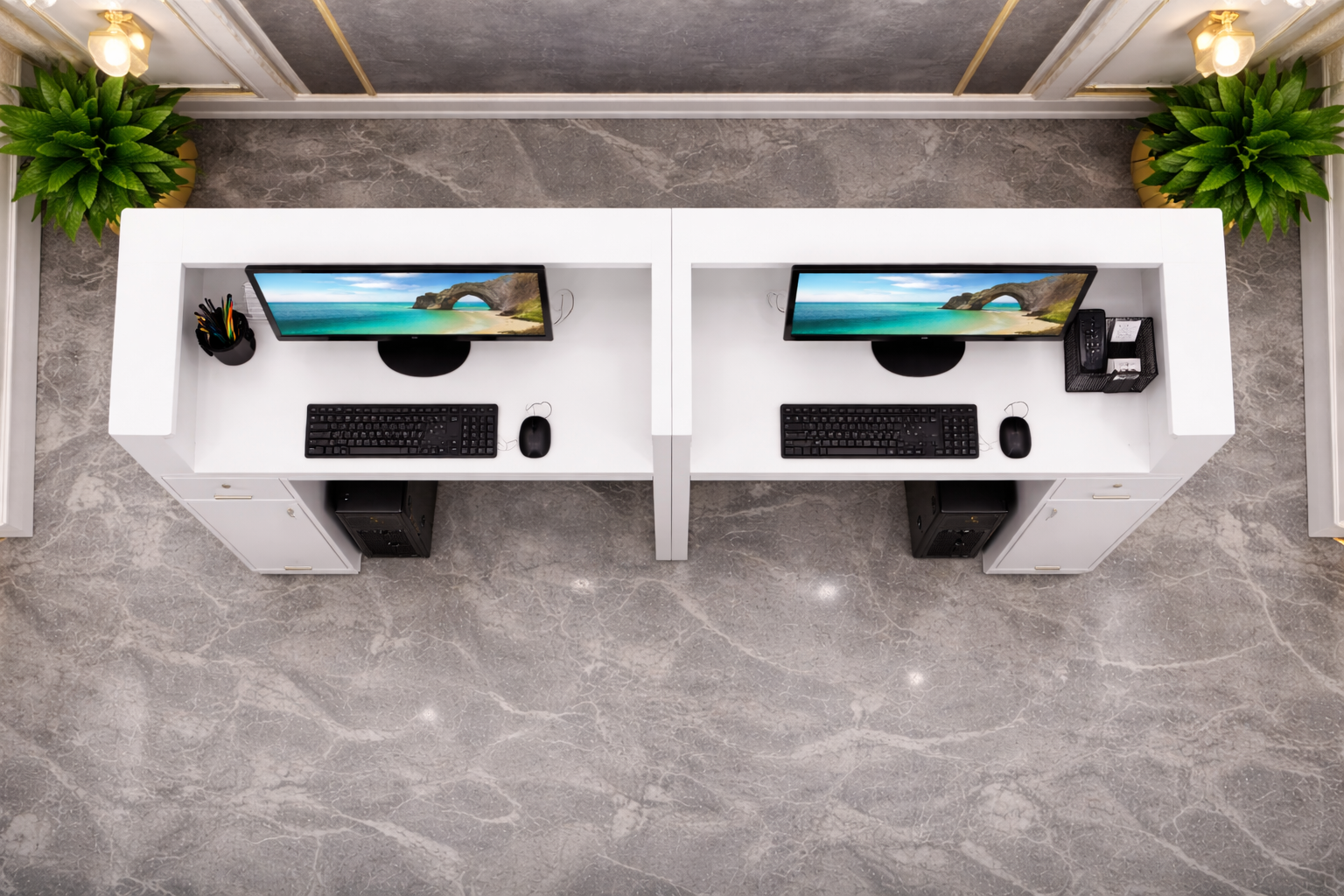 Reception Table for Office Luxury Modern Counter Stylish Design Made in MDF with Marble Pattern and drawer Keyword tray and CPU Space and Openable Storage - White Color