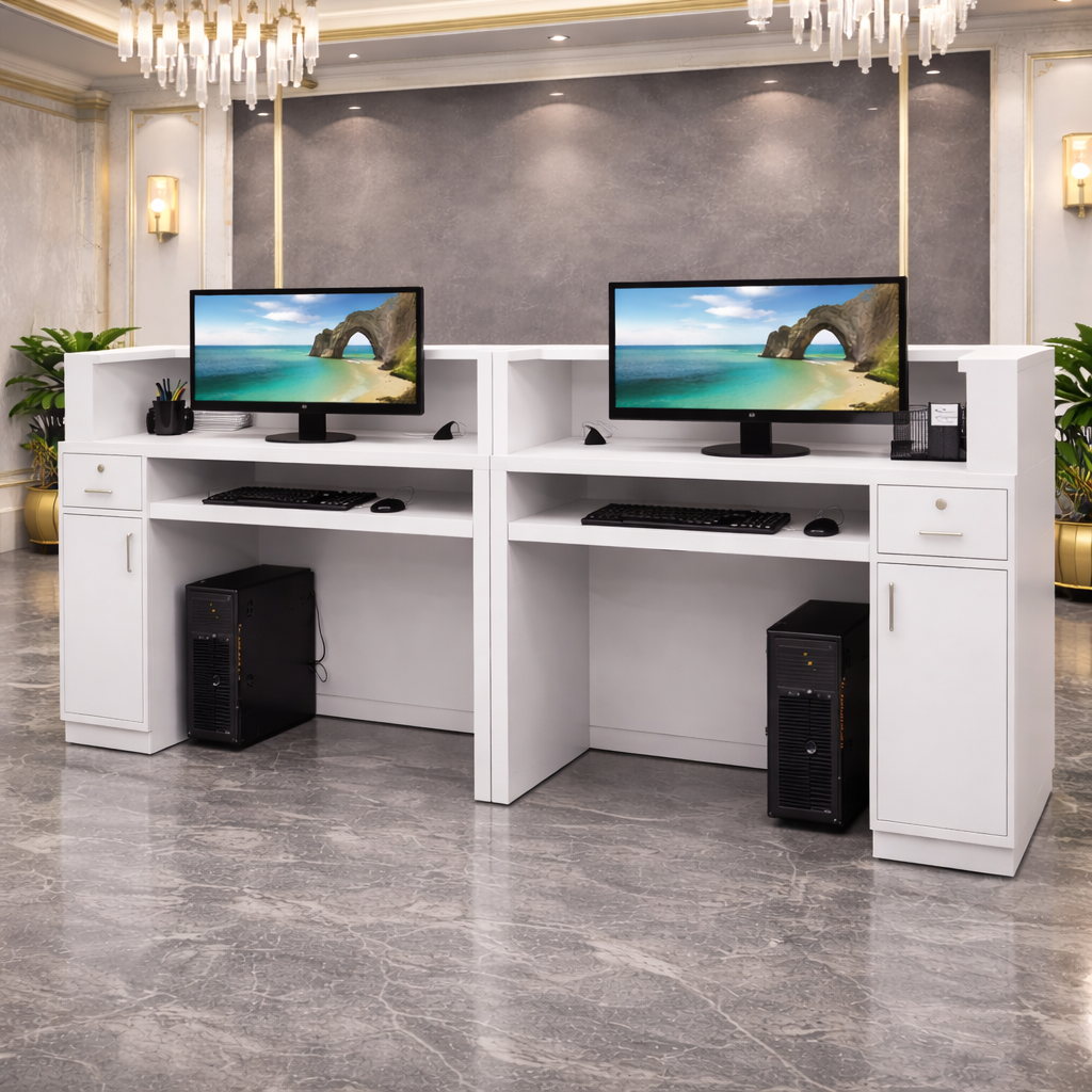 Reception Table for Office Luxury Modern Counter Stylish Design Made in MDF with Marble Pattern and drawer Keyword tray and CPU Space and Openable Storage - White Color