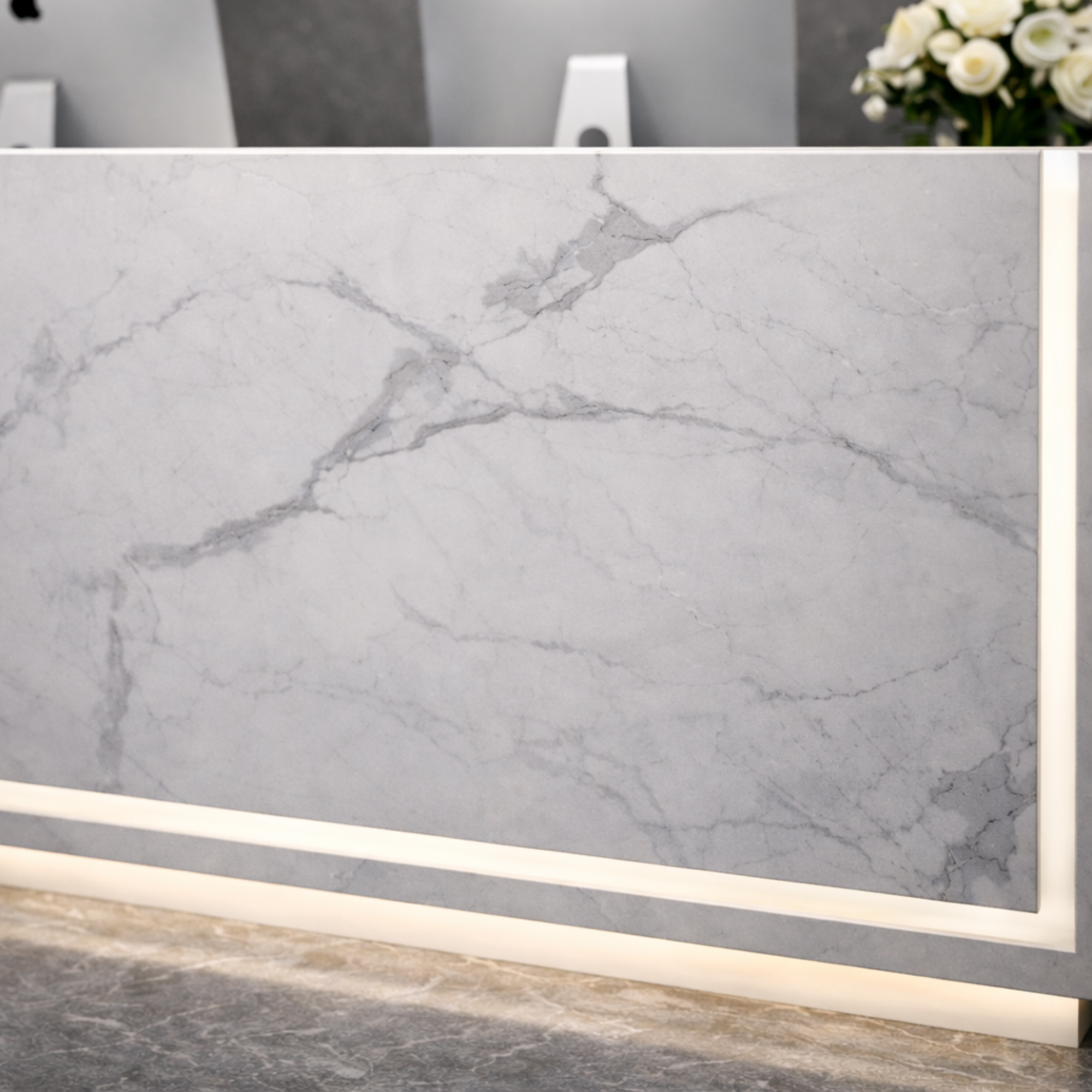 Reception Table for Office Luxury Modern Counter Stylish Design Made in MDF with Marble Pattern and drawer Keyword tray and CPU Space and Openable Storage - White Color