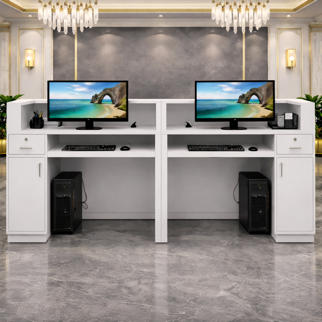Reception Table for Office Luxury Modern Counter Stylish Design Made in MDF with Marble Pattern and drawer Keyword tray and CPU Space and Openable Storage - White Color