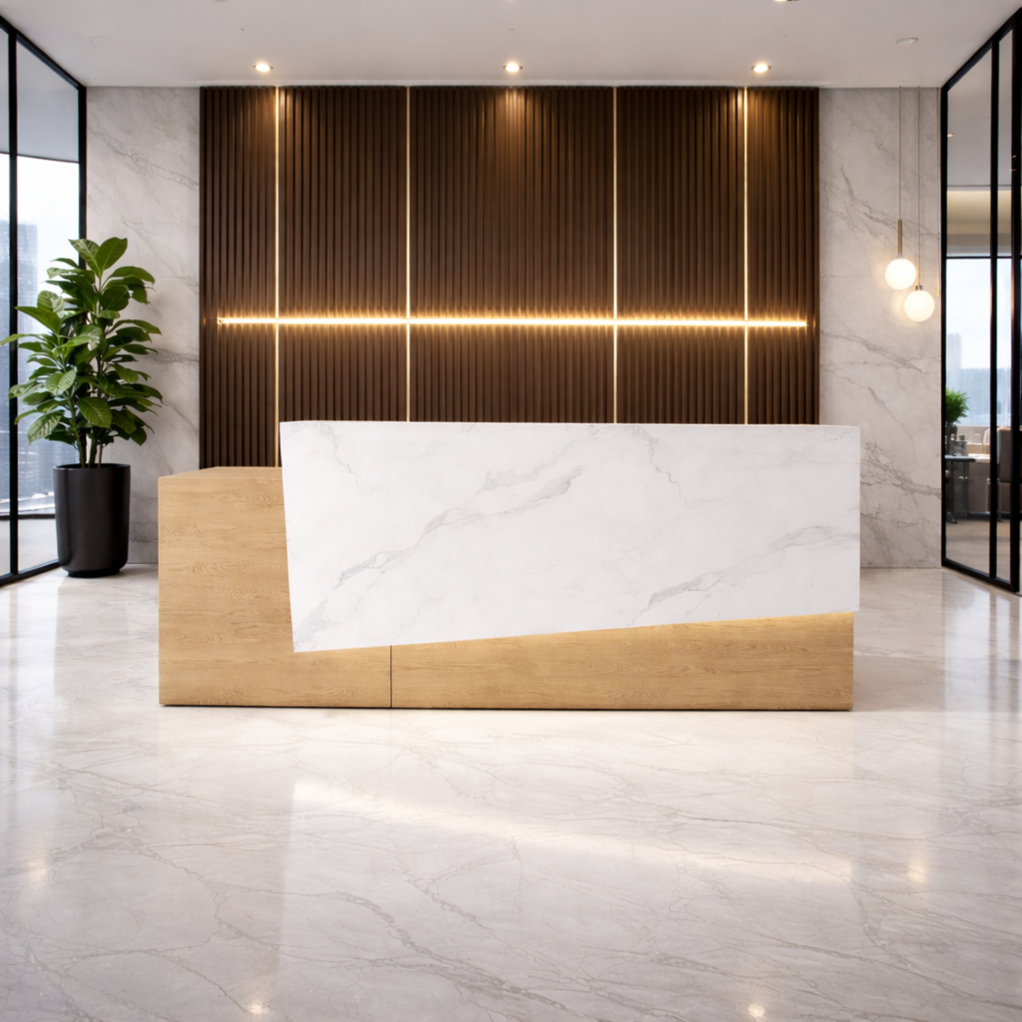 অফিসের জন্য বিলাসবহুল আধুনিক কাউন্টারের জন্য অভ্যর্থনা টেবিল মার্বেল প্যাটার্ন এবং ওয়্যার ম্যানেজার কীবোর্ড ট্রে এবং মাল্টি স্টোরেজ সহ MDF দিয়ে তৈরি স্টাইলিশ ডিজাইন - সাদা এবং বাদামী