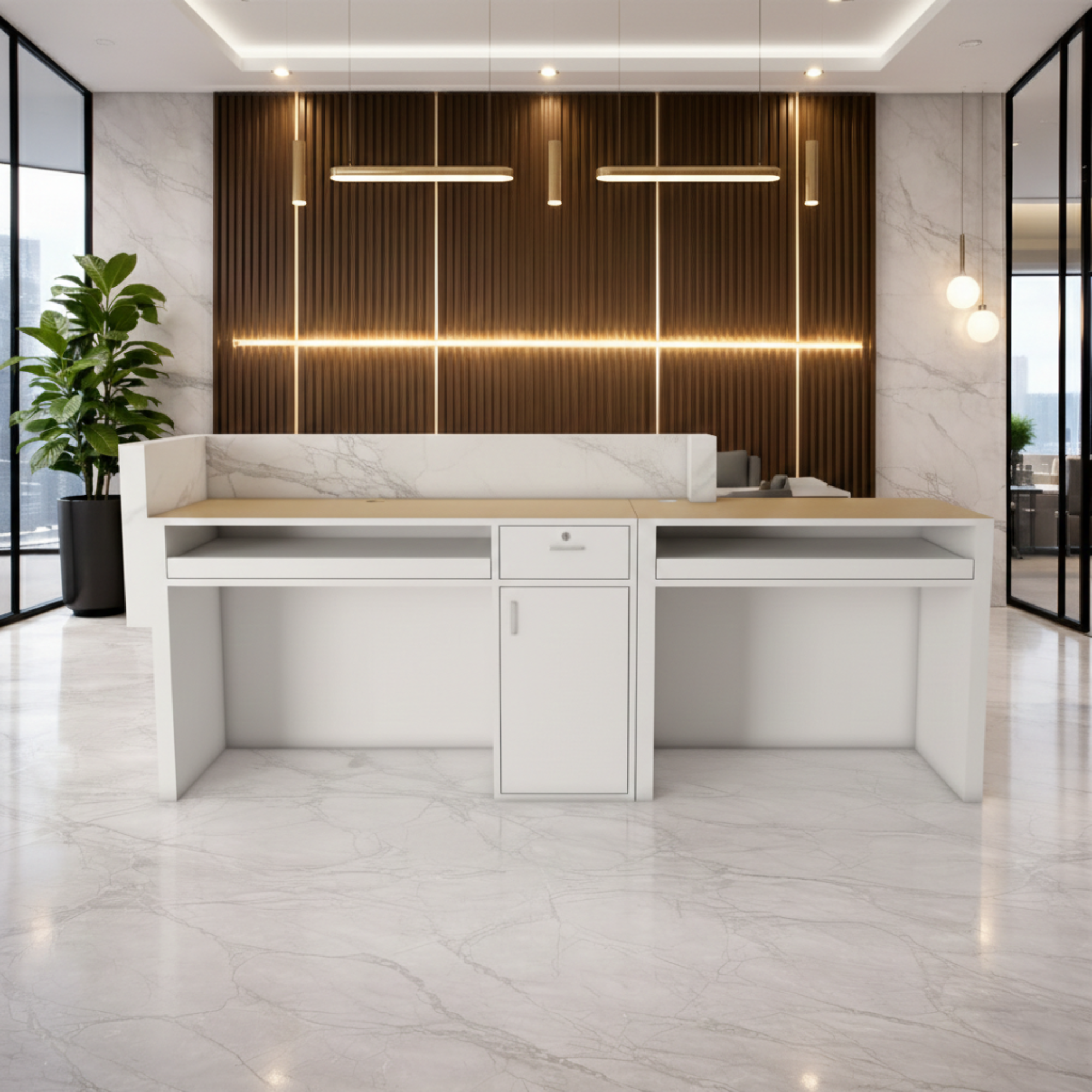 অফিসের জন্য বিলাসবহুল আধুনিক কাউন্টারের জন্য অভ্যর্থনা টেবিল মার্বেল প্যাটার্ন এবং ওয়্যার ম্যানেজার কীবোর্ড ট্রে এবং মাল্টি স্টোরেজ সহ MDF দিয়ে তৈরি স্টাইলিশ ডিজাইন - সাদা এবং বাদামী