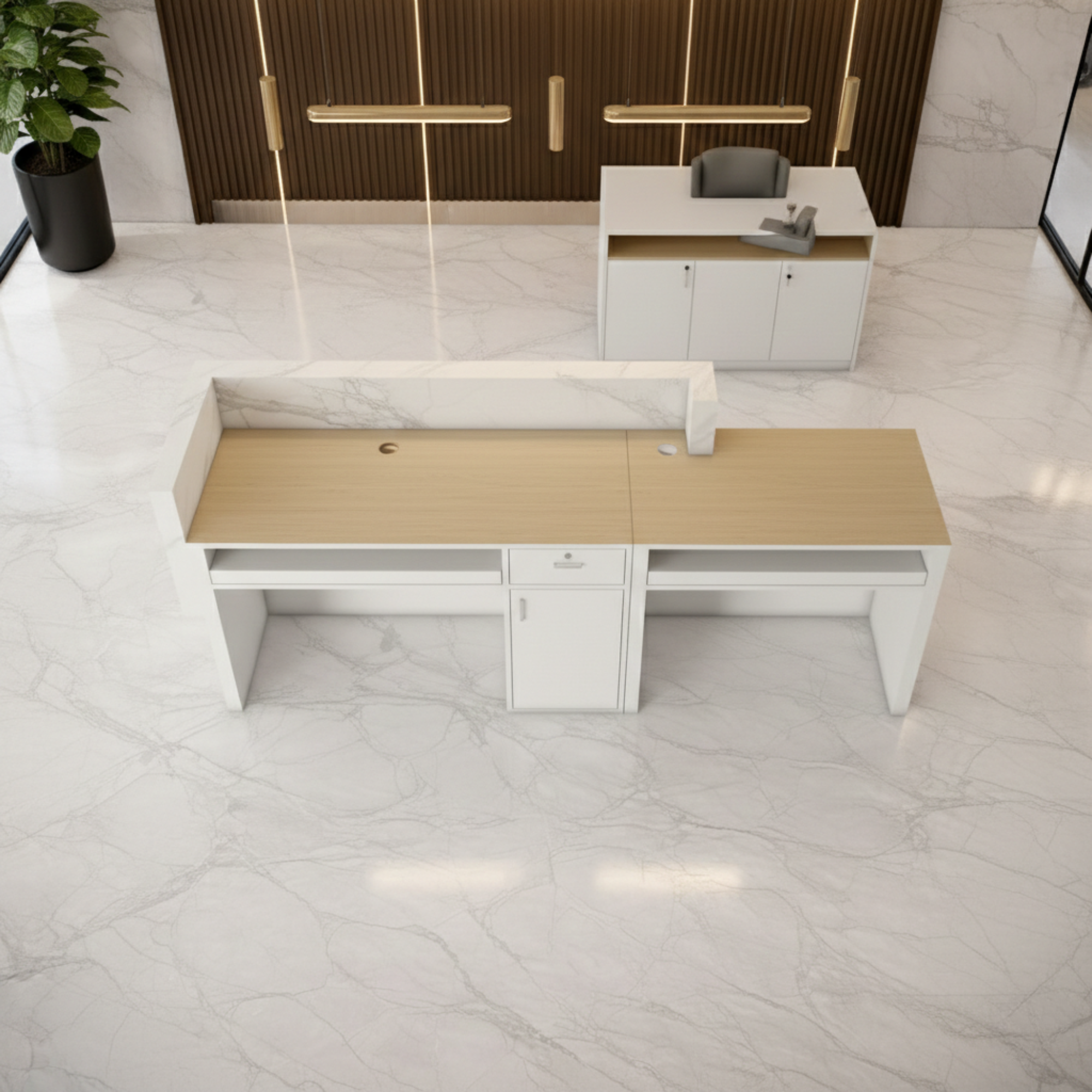 অফিসের জন্য বিলাসবহুল আধুনিক কাউন্টারের জন্য অভ্যর্থনা টেবিল মার্বেল প্যাটার্ন এবং ওয়্যার ম্যানেজার কীবোর্ড ট্রে এবং মাল্টি স্টোরেজ সহ MDF দিয়ে তৈরি স্টাইলিশ ডিজাইন - সাদা এবং বাদামী