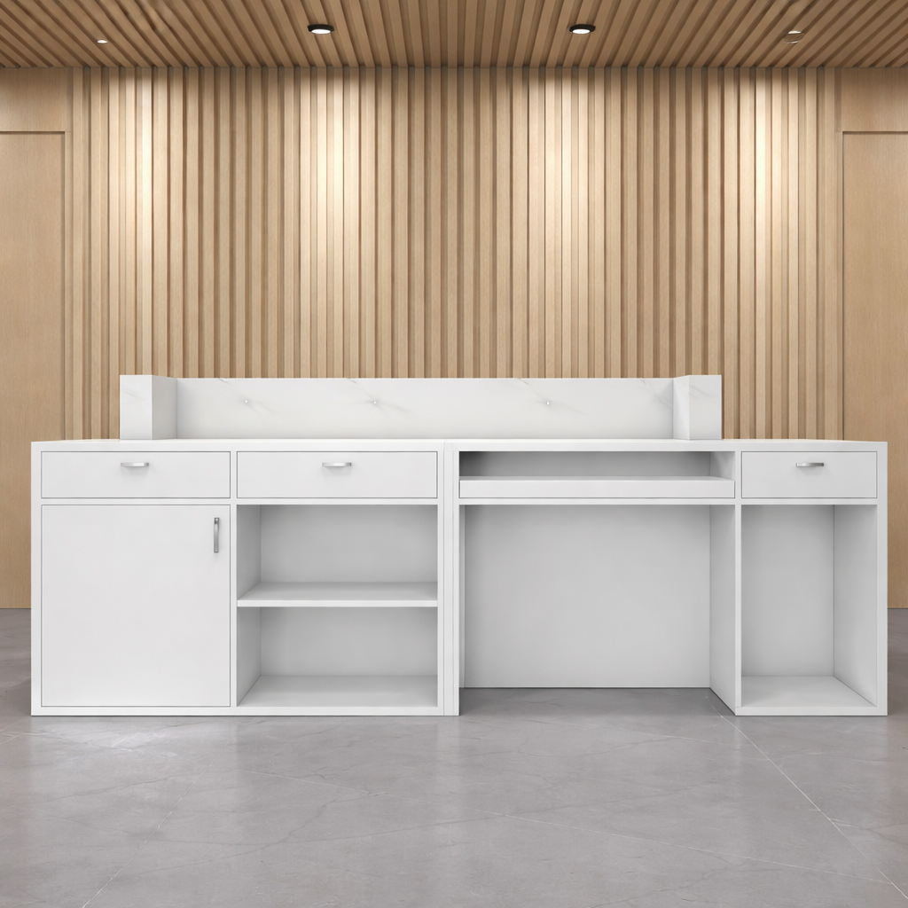 Reception Table for Office Luxury Modern Counter Stylish Design Made in MDF with Marble Pattern and Ample Storage -White