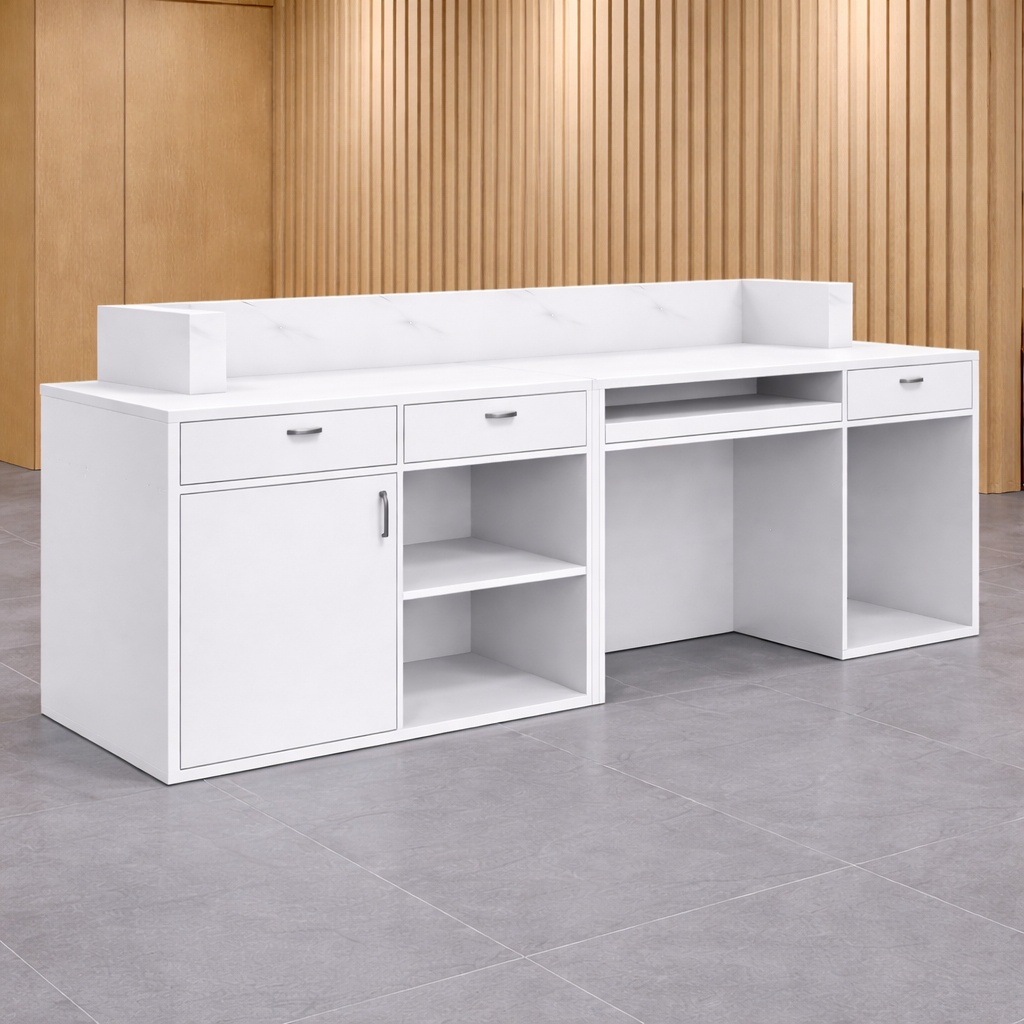 Reception Table for Office Luxury Modern Counter Stylish Design Made in MDF with Marble Pattern and Ample Storage -White