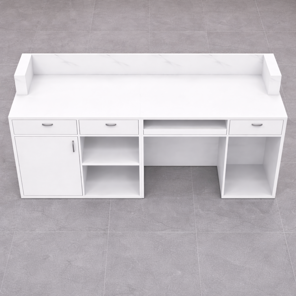 Reception Table for Office Luxury Modern Counter Stylish Design Made in MDF with Marble Pattern and Ample Storage -White
