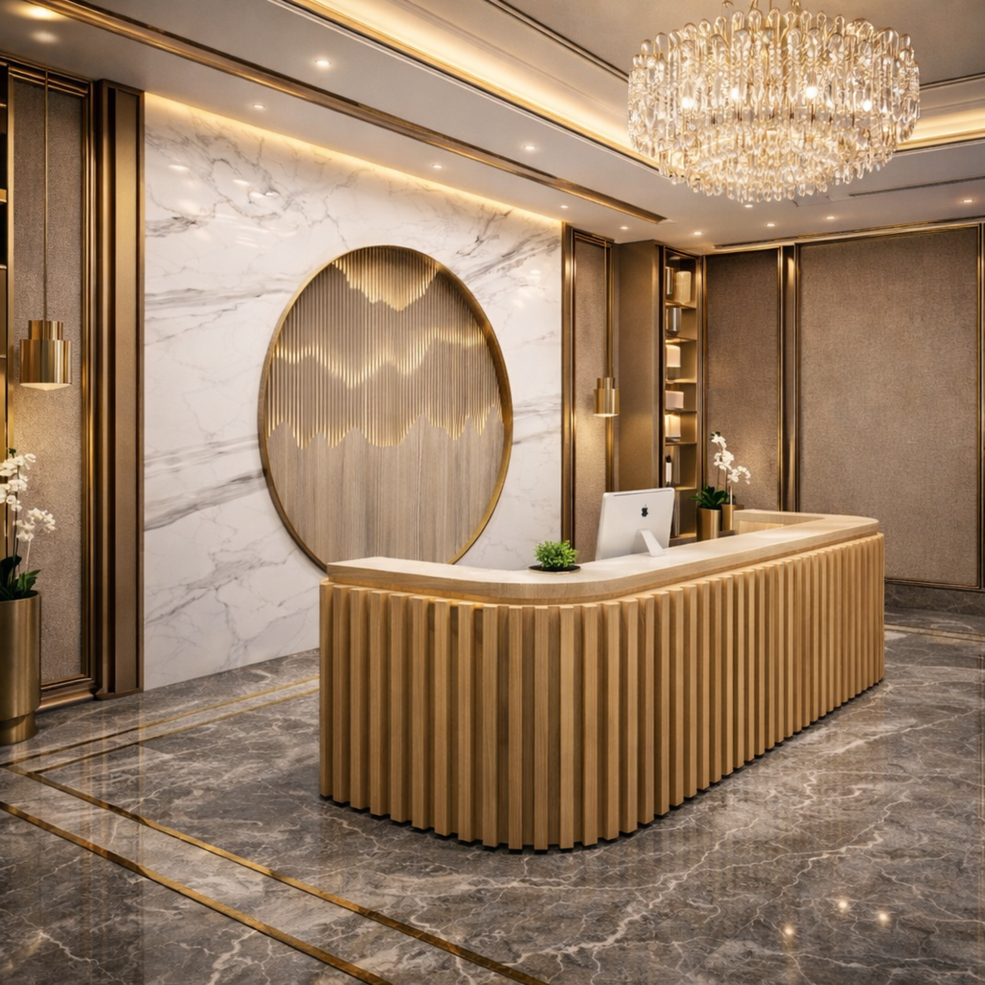 कार्यालय के लिए रिसेप्शन टेबल, लक्जरी आधुनिक यू आकार काउंटर, स्टाइलिश डिजाइन, एमडीएफ में निर्मित, पर्याप्त भंडारण और दो व्यक्ति सीटिंग के साथ - भूरा रंग