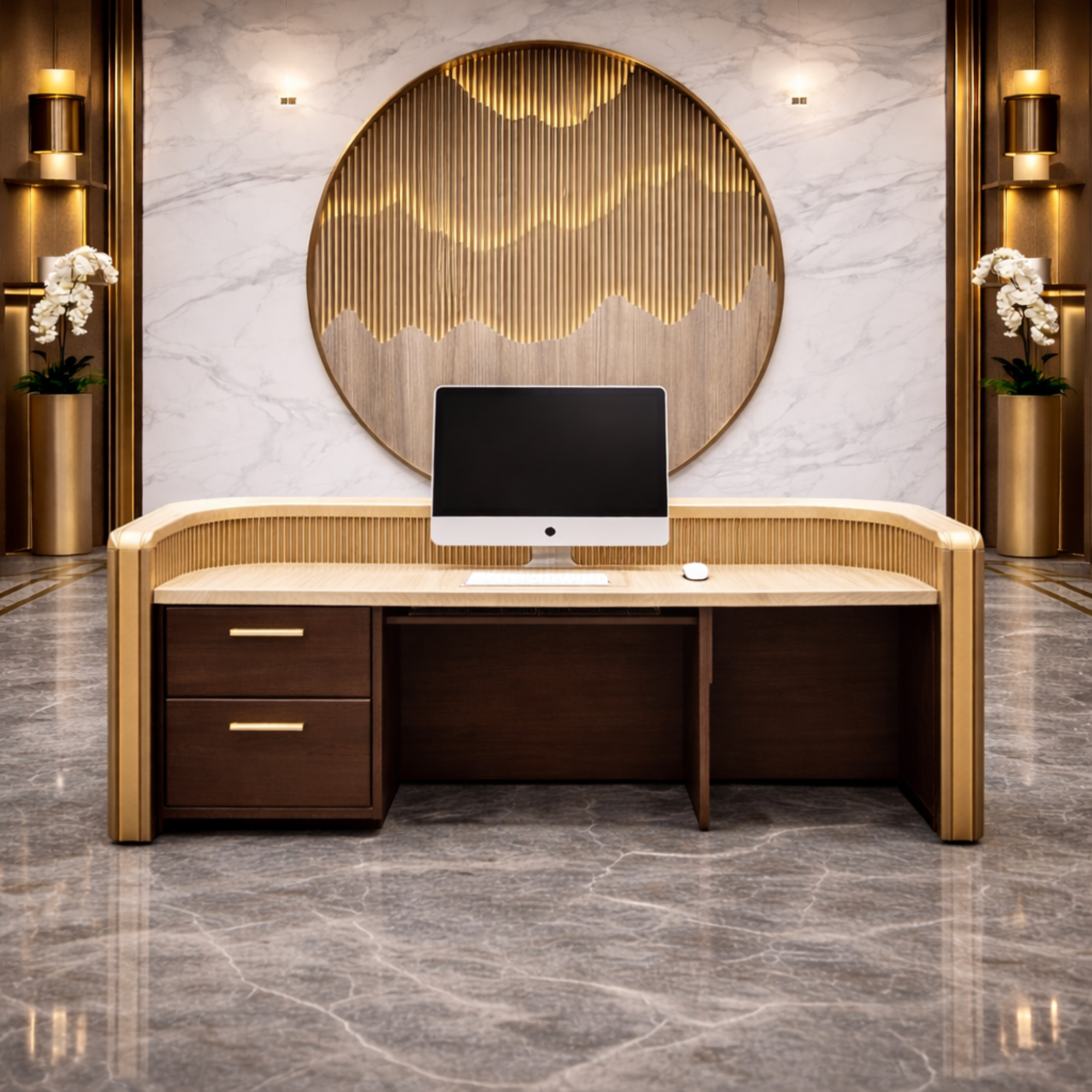 कार्यालय के लिए रिसेप्शन टेबल, लक्जरी आधुनिक यू आकार काउंटर, स्टाइलिश डिजाइन, एमडीएफ में निर्मित, पर्याप्त भंडारण और दो व्यक्ति सीटिंग के साथ - भूरा रंग