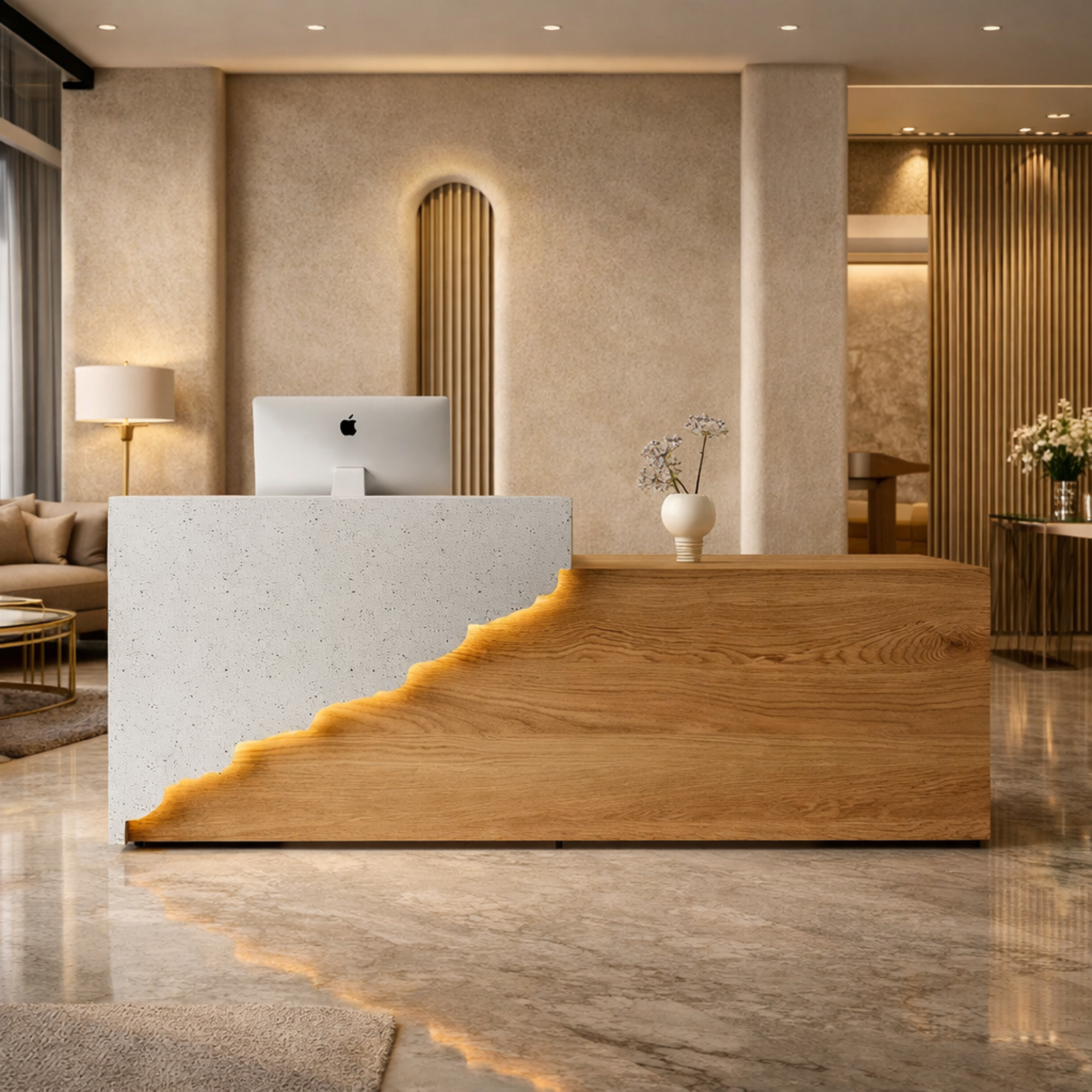 অফিসের জন্য বিলাসবহুল আধুনিক কাউন্টারের জন্য অভ্যর্থনা টেবিল মার্বেল প্যাটার্ন এবং প্রশস্ত স্টোরেজ এবং খোলার যোগ্য স্টোরেজ সহ MDF দিয়ে তৈরি স্টাইলিশ ডিজাইন - সাদা এবং বাদামী