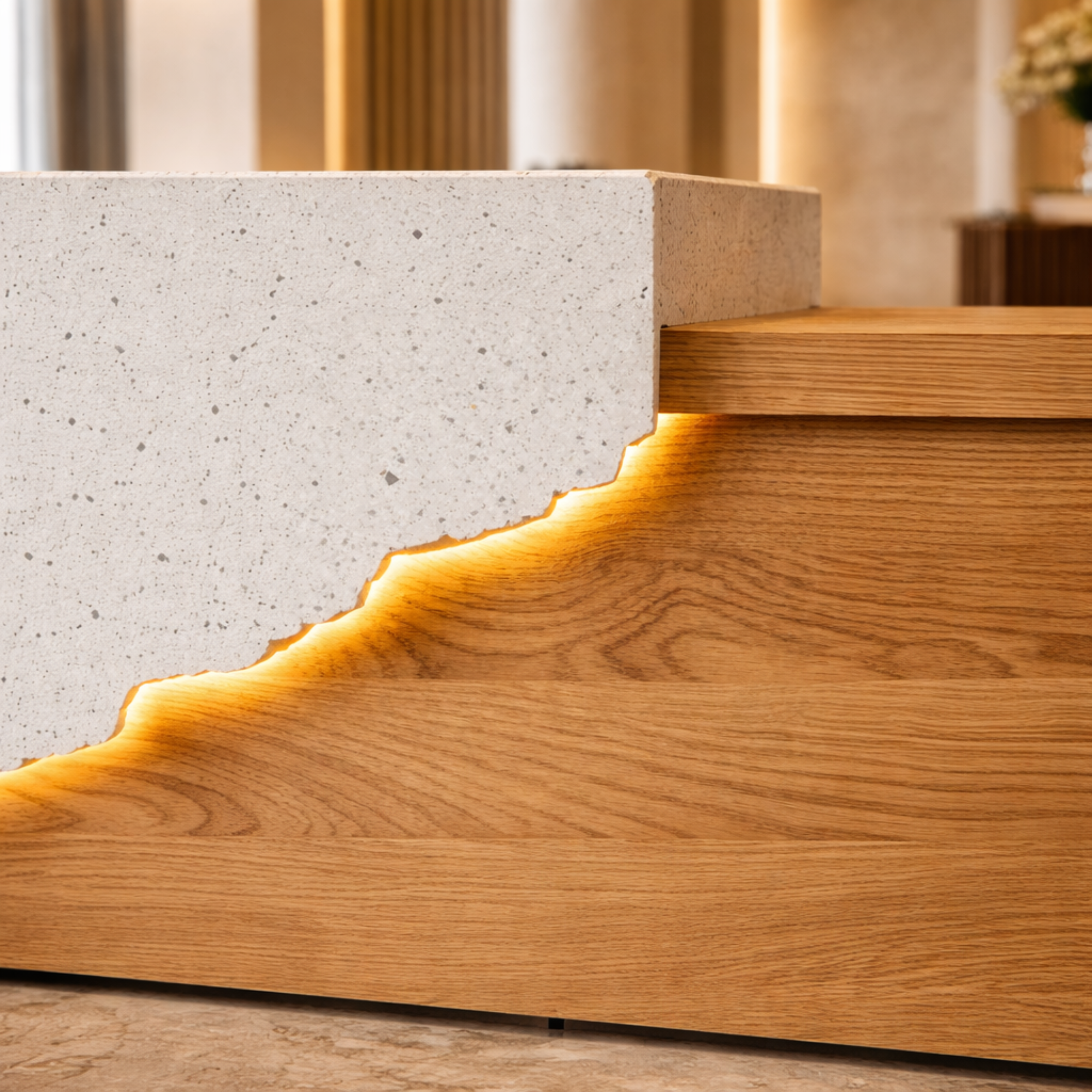 कार्यालय के लिए रिसेप्शन टेबल, लक्जरी आधुनिक काउंटर, स्टाइलिश डिजाइन, संगमरमर पैटर्न और पर्याप्त भंडारण और खुलने योग्य भंडारण के साथ MDF में निर्मित - सफेद और भूरा