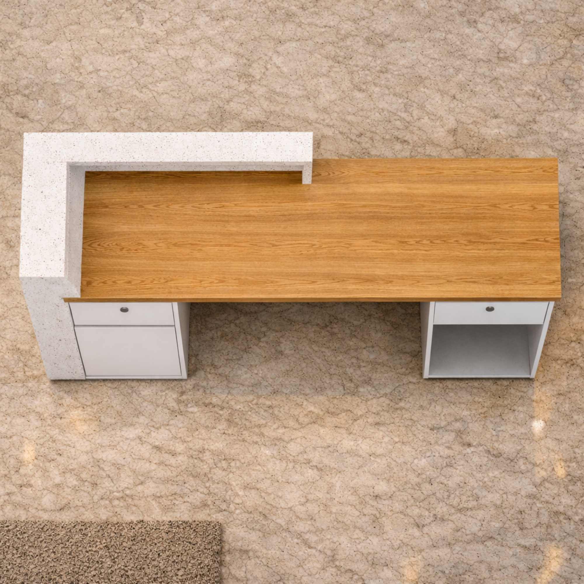 कार्यालय के लिए रिसेप्शन टेबल, लक्जरी आधुनिक काउंटर, स्टाइलिश डिजाइन, संगमरमर पैटर्न और पर्याप्त भंडारण और खुलने योग्य भंडारण के साथ MDF में निर्मित - सफेद और भूरा