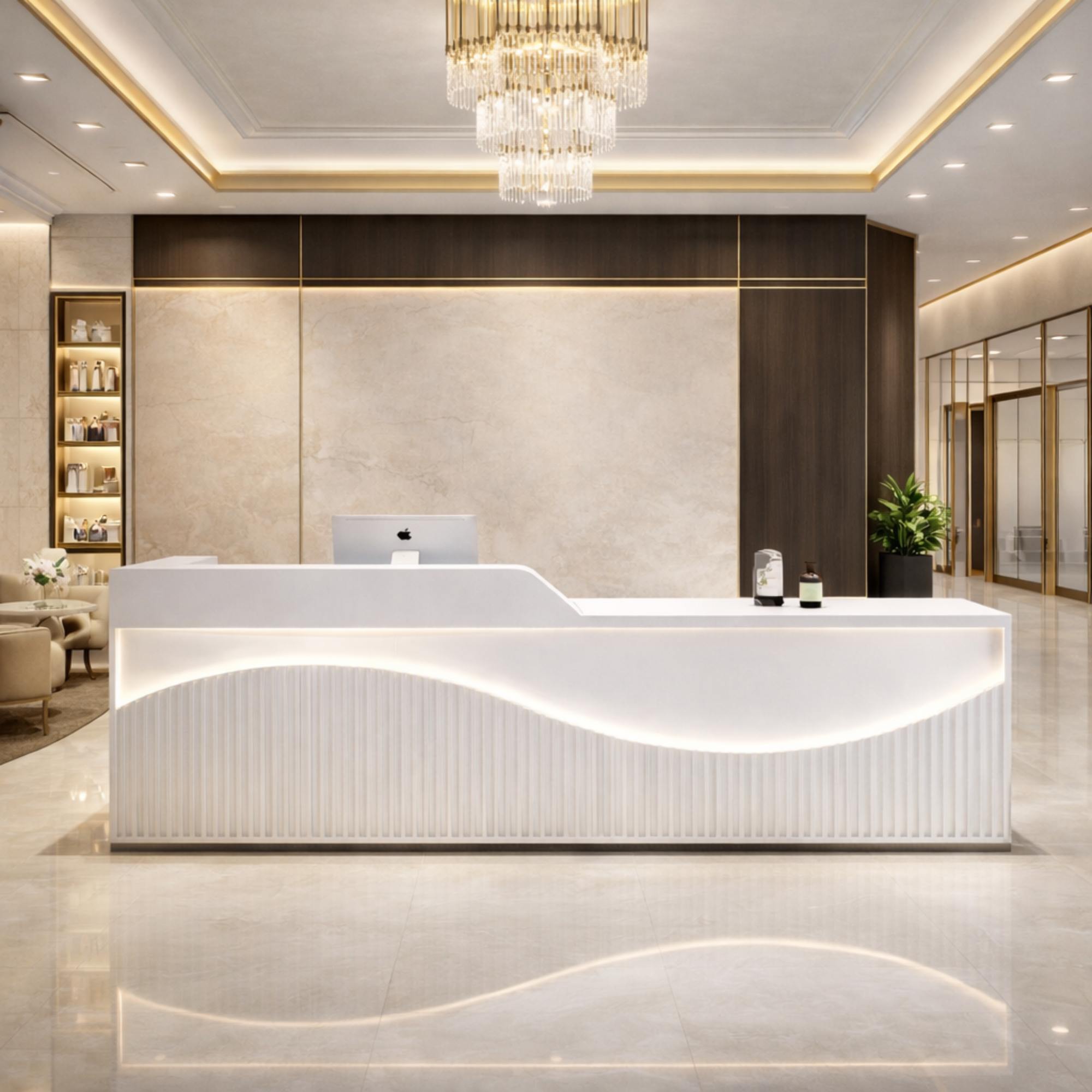 অফিসের জন্য অভ্যর্থনা টেবিল বিলাসবহুল আধুনিক কাউন্টার স্টাইলিশ ডিজাইন LED আলো এবং মাল্টি ড্রয়ার সহ প্রচুর স্টোরেজ এবং খোলা যায় এমন স্টোরেজ - সাদা