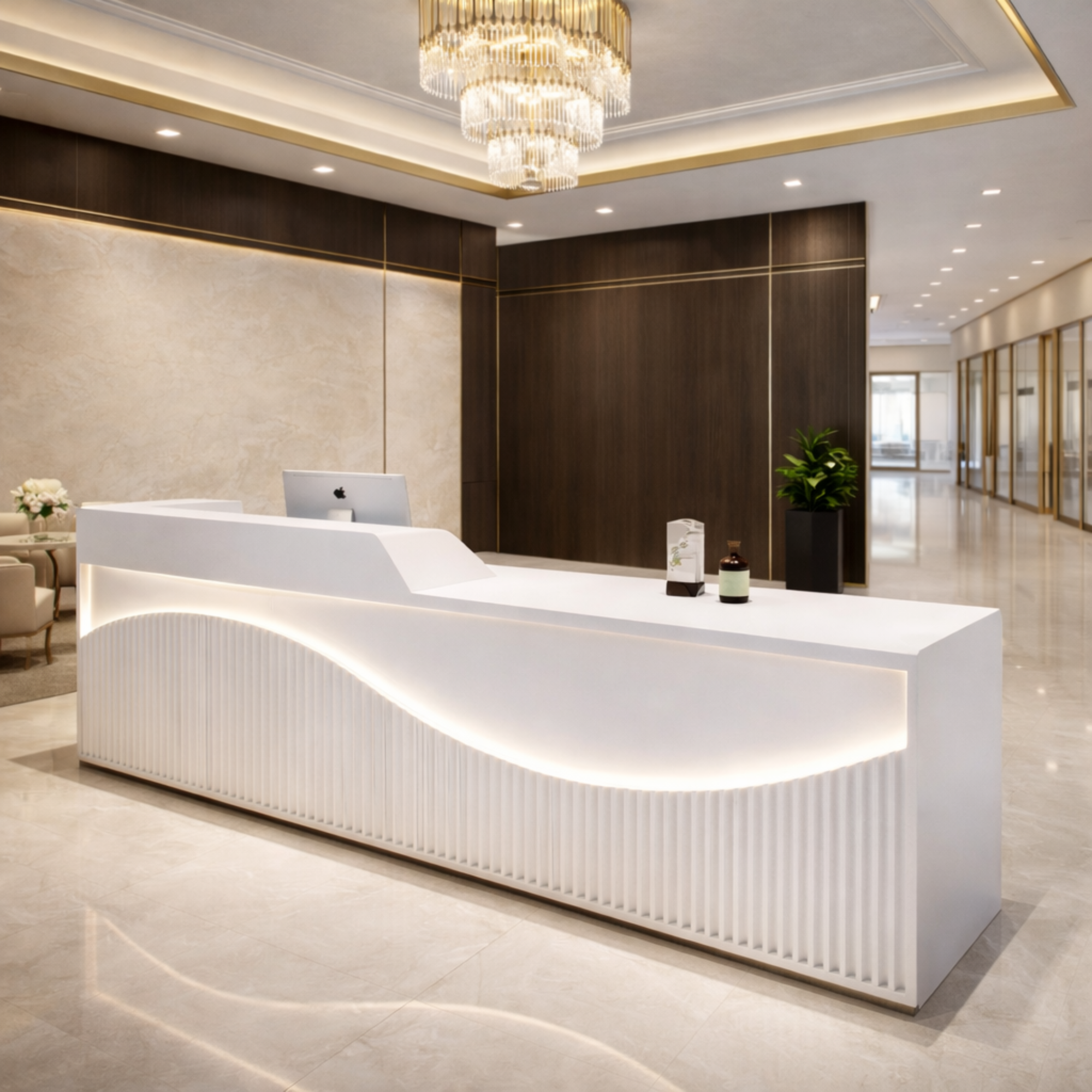 कार्यालय के लिए रिसेप्शन टेबल, लक्ज़री आधुनिक काउंटर, स्टाइलिश डिज़ाइन, LED लाइट और कई दराजों के साथ, पर्याप्त स्टोरेज और खुलने योग्य स्टोरेज - सफ़ेद