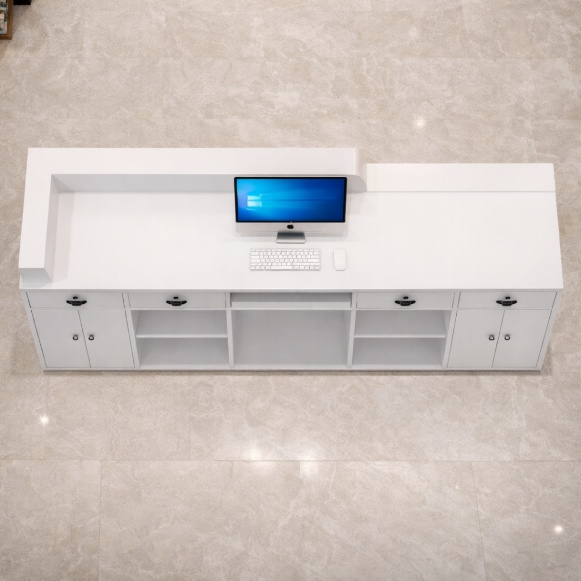 कार्यालय के लिए रिसेप्शन टेबल, लक्ज़री आधुनिक काउंटर, स्टाइलिश डिज़ाइन, LED लाइट और कई दराजों के साथ, पर्याप्त स्टोरेज और खुलने योग्य स्टोरेज - सफ़ेद