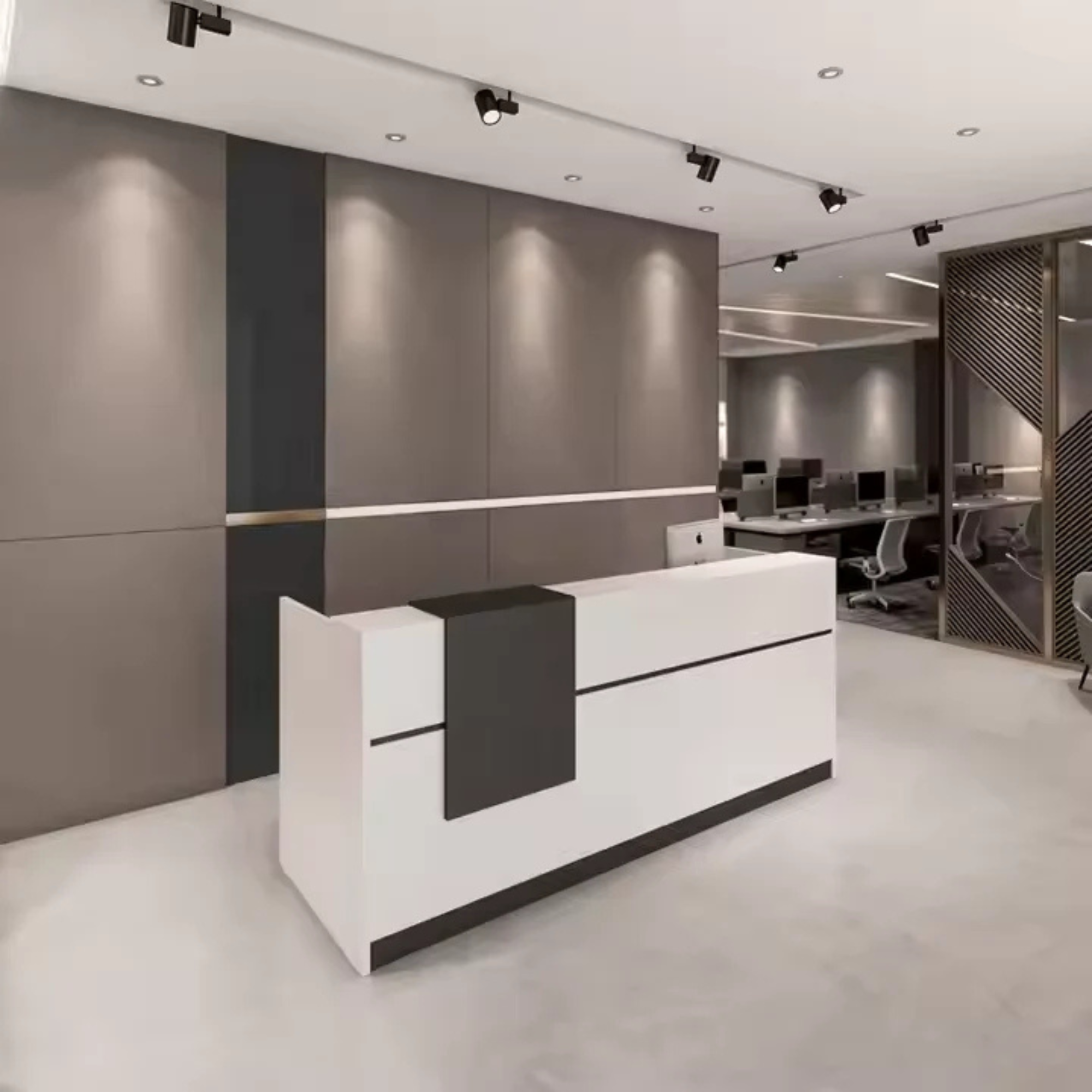 অফিসের জন্য বিলাসবহুল আধুনিক কাউন্টারের জন্য অভ্যর্থনা টেবিল, ওয়্যার ম্যানেজার সহ MDF দিয়ে তৈরি স্টাইলিশ ডিজাইন - সাদা রঙ