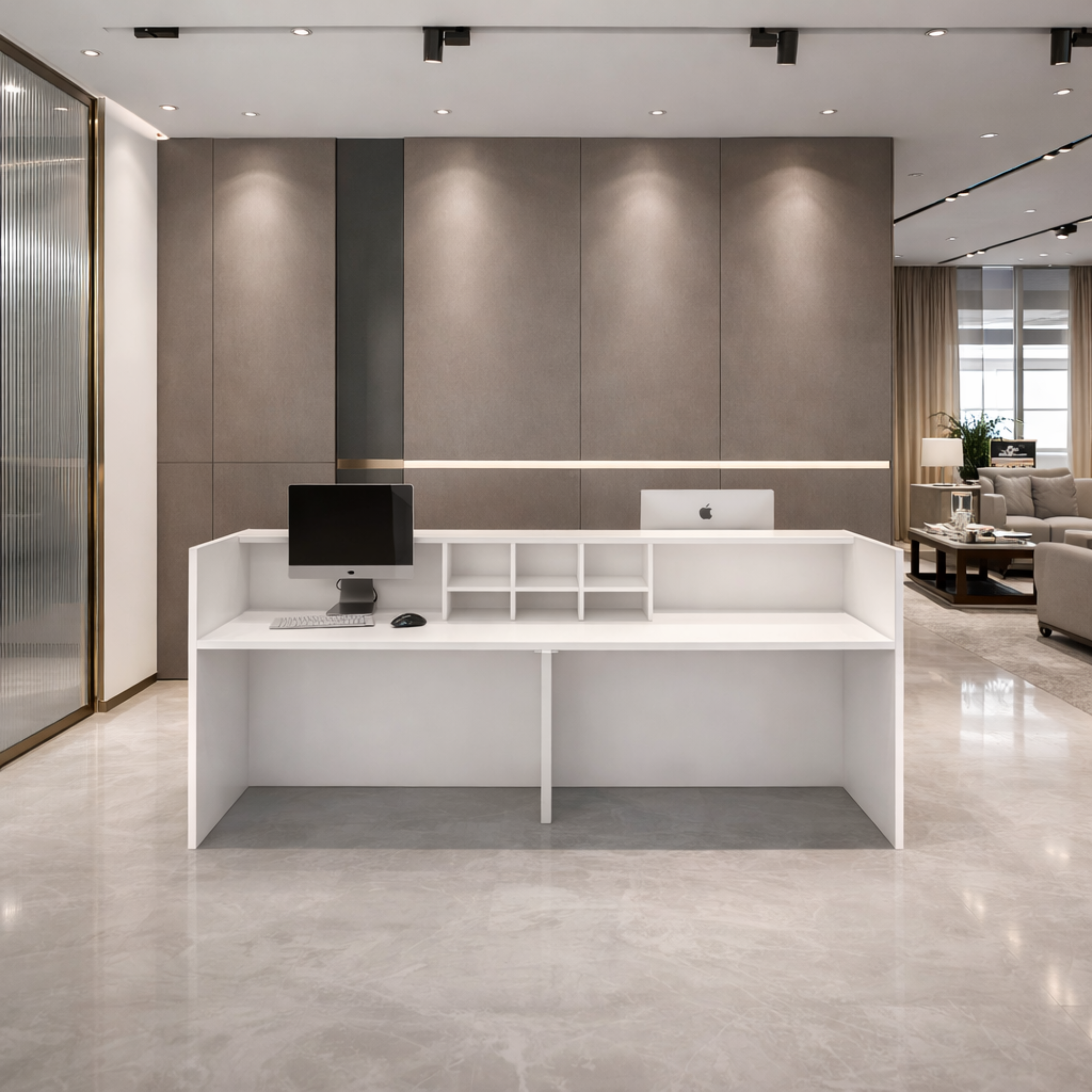 অফিসের জন্য বিলাসবহুল আধুনিক কাউন্টারের জন্য অভ্যর্থনা টেবিল, ওয়্যার ম্যানেজার সহ MDF দিয়ে তৈরি স্টাইলিশ ডিজাইন - সাদা রঙ