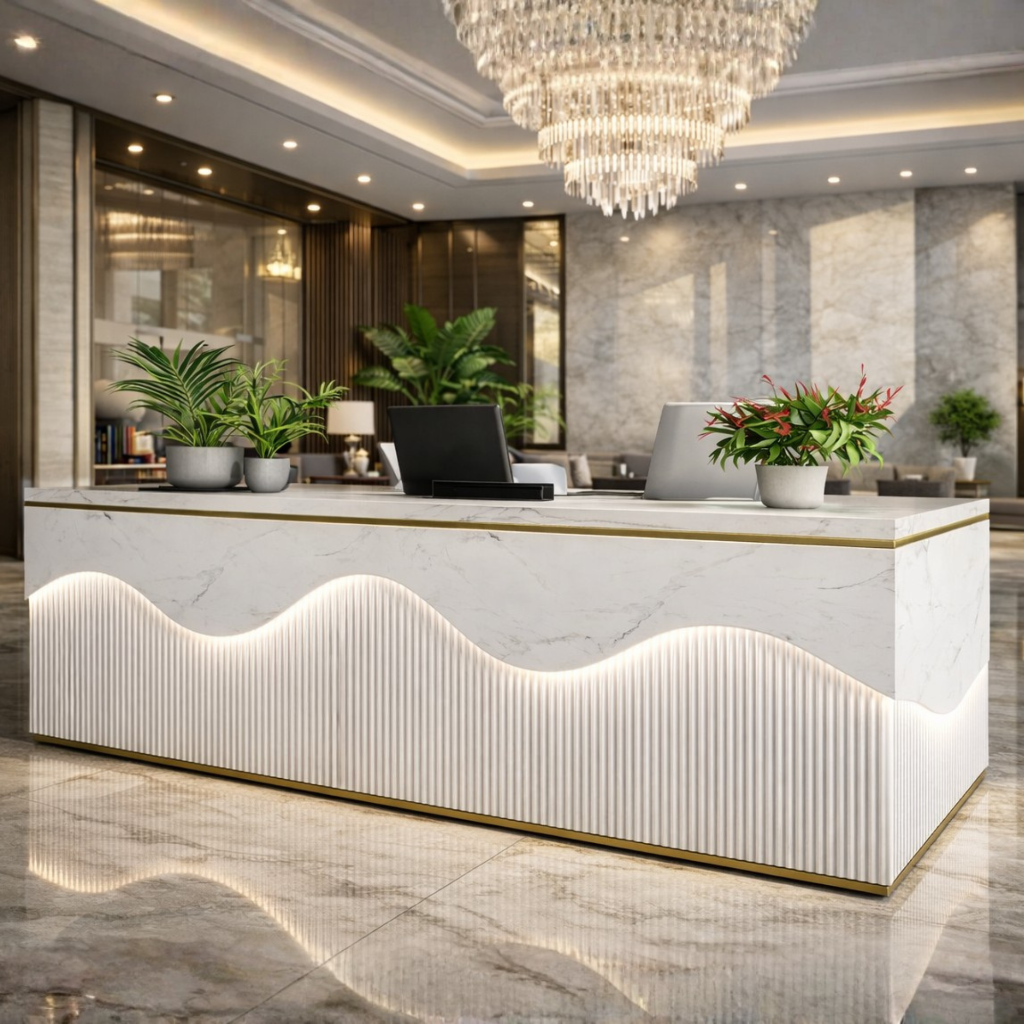 ऑफिस काउंटर के लिए रिसेप्शन टेबल, आधुनिक, दराजों, खुलने वाले शटर और सीपीयू स्पेस के साथ MDF से निर्मित - सफ़ेद रंग