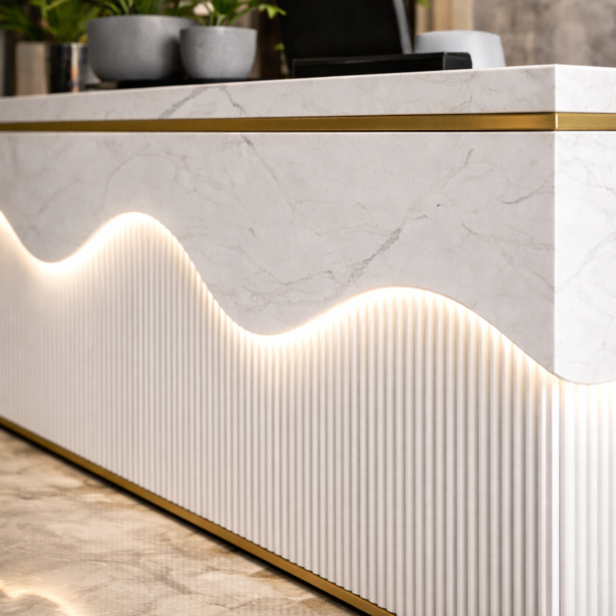 ऑफिस काउंटर के लिए रिसेप्शन टेबल, आधुनिक, दराजों, खुलने वाले शटर और सीपीयू स्पेस के साथ MDF से निर्मित - सफ़ेद रंग