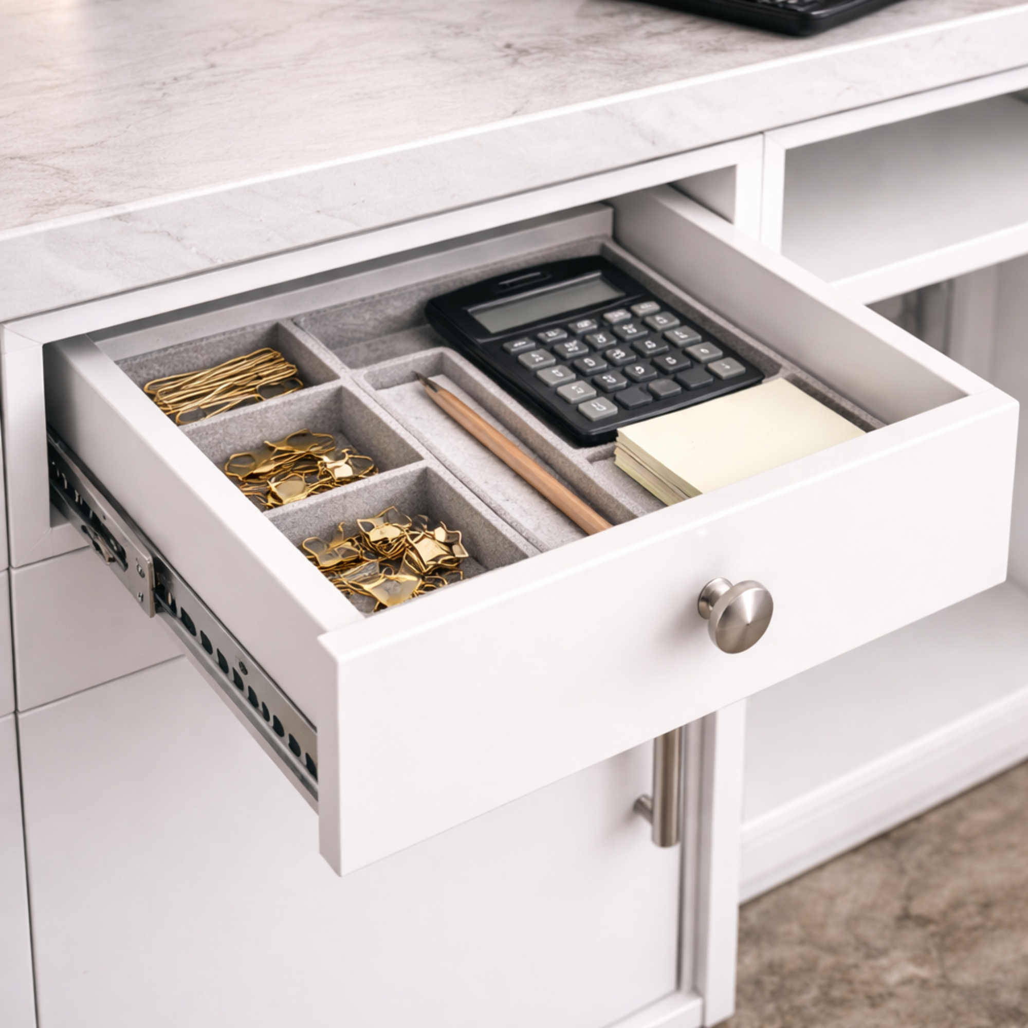 ऑफिस काउंटर के लिए रिसेप्शन टेबल, आधुनिक, दराजों, खुलने वाले शटर और सीपीयू स्पेस के साथ MDF से निर्मित - सफ़ेद रंग