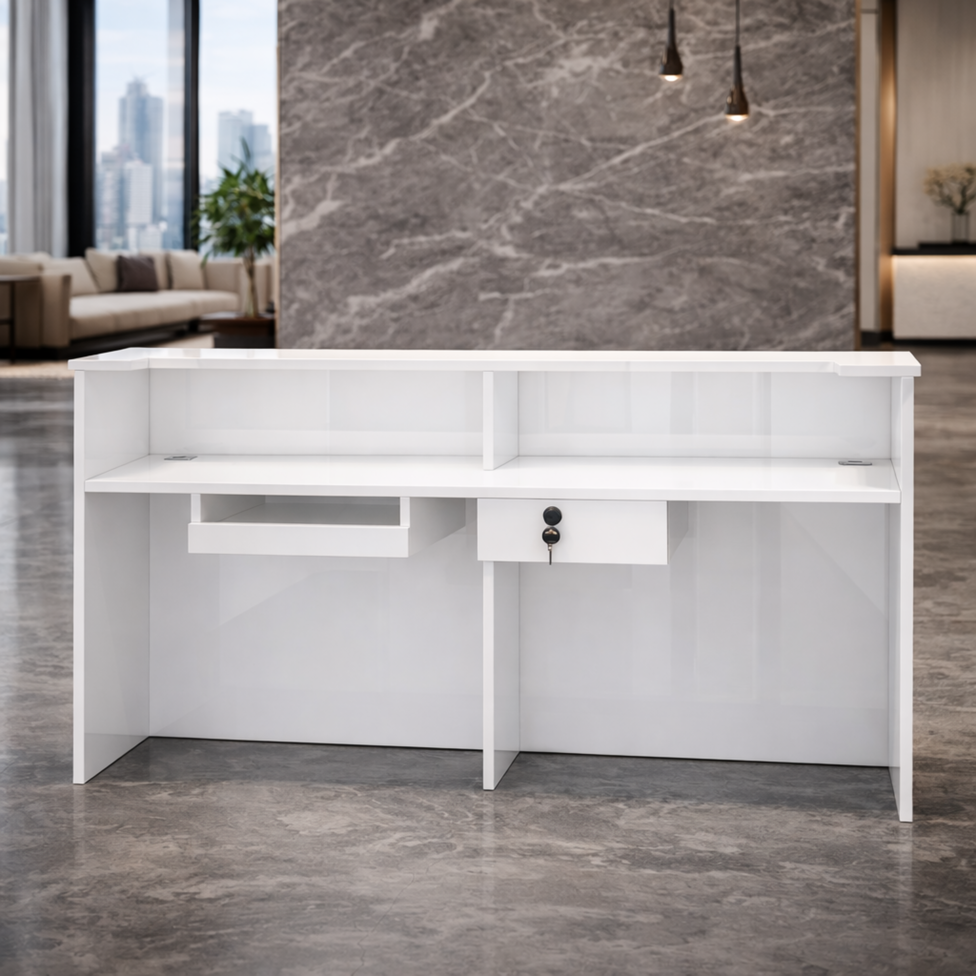 कार्यालय के लिए रिसेप्शन टेबल, आधुनिक, सरल, छोटा काउंटर, एमडीएफ से बना, वायर मैनेजर, दराज, सीपीयू स्पेस के साथ - सफेद रंग