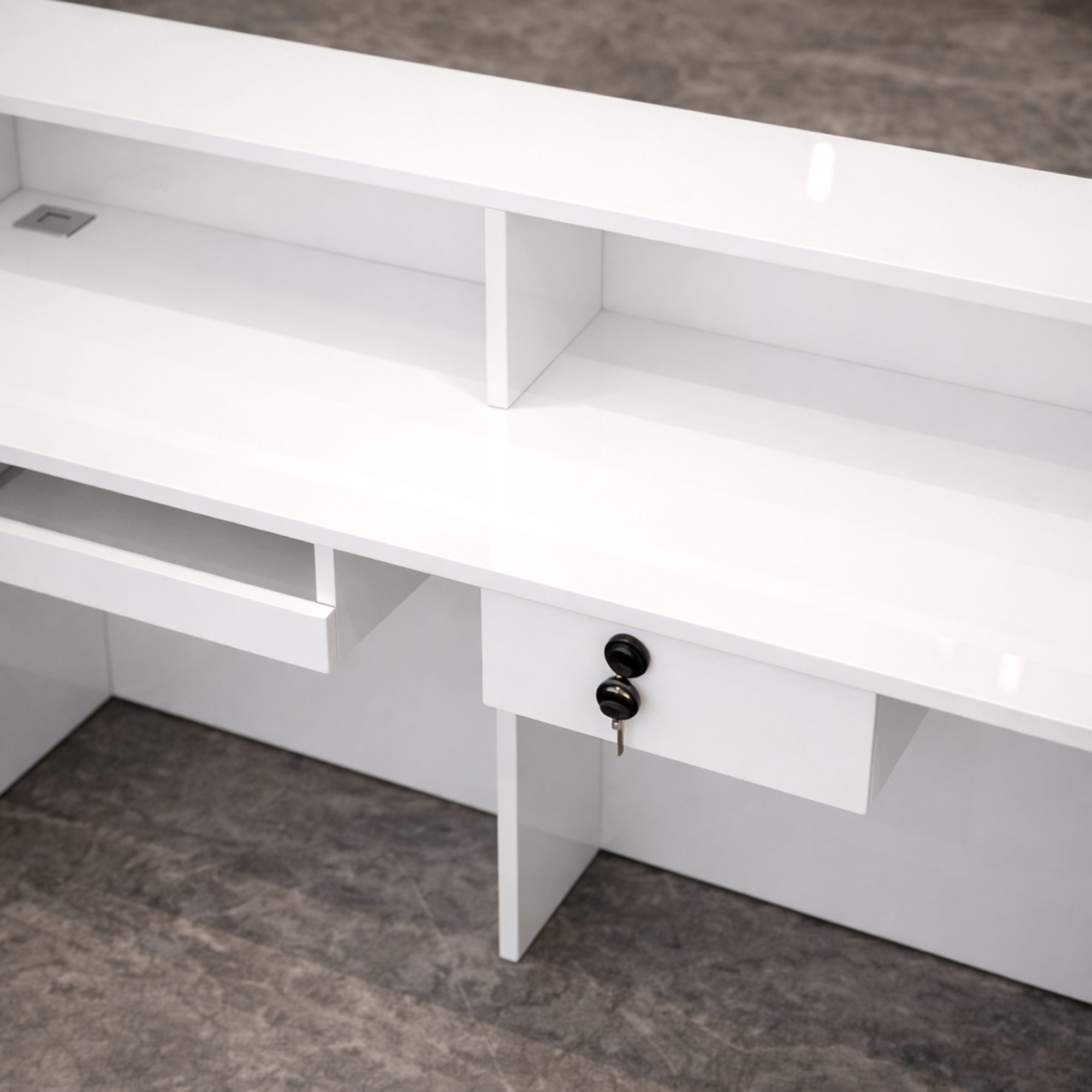 कार्यालय के लिए रिसेप्शन टेबल, आधुनिक, सरल, छोटा काउंटर, एमडीएफ से बना, वायर मैनेजर, दराज, सीपीयू स्पेस के साथ - सफेद रंग