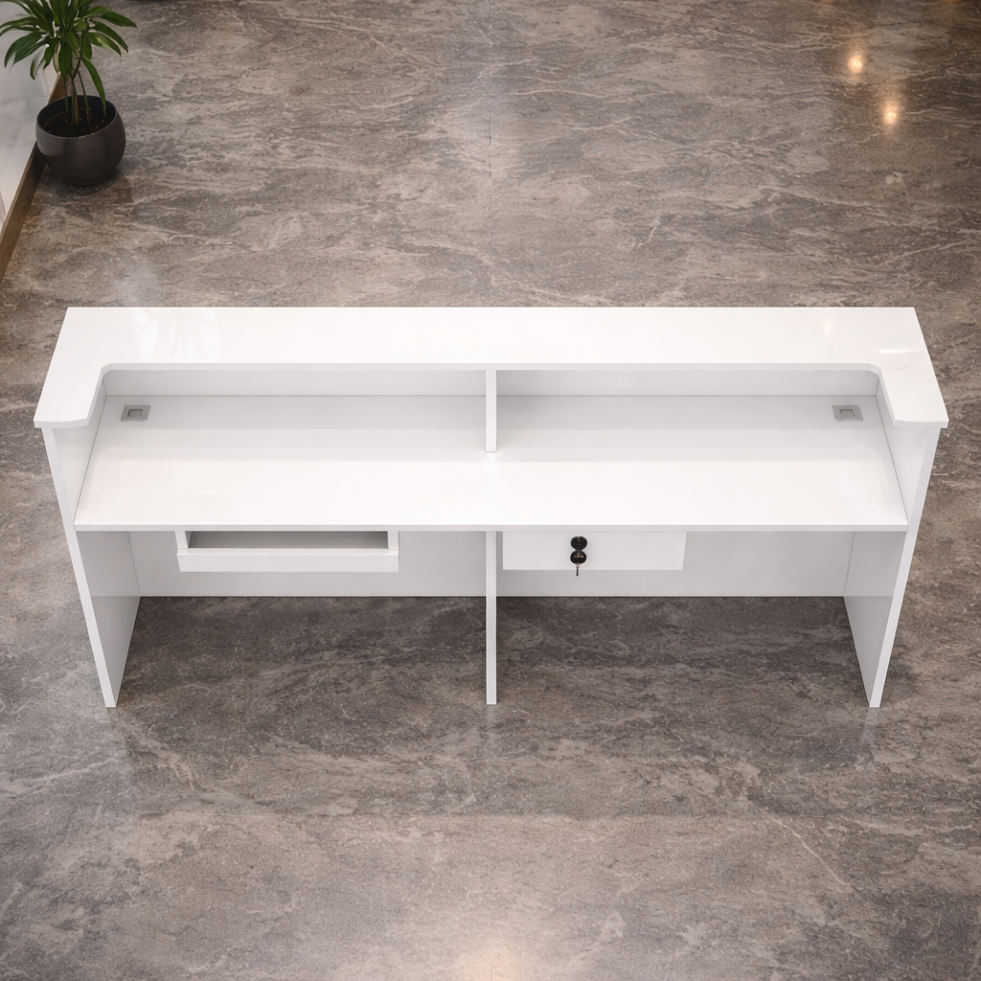 कार्यालय के लिए रिसेप्शन टेबल, आधुनिक, सरल, छोटा काउंटर, एमडीएफ से बना, वायर मैनेजर, दराज, सीपीयू स्पेस के साथ - सफेद रंग