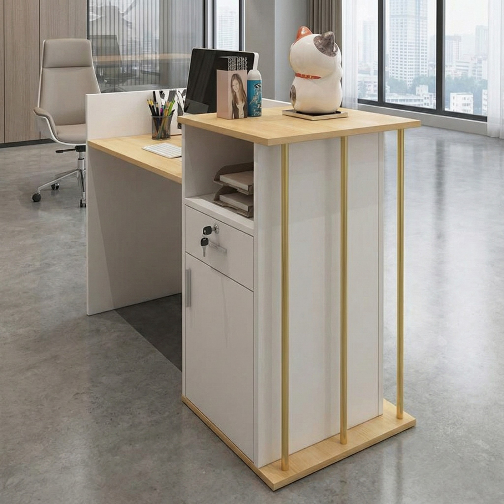 Reception Table for Office Small Counter Stylish Design Made in Particle Board and Drawers & Storage