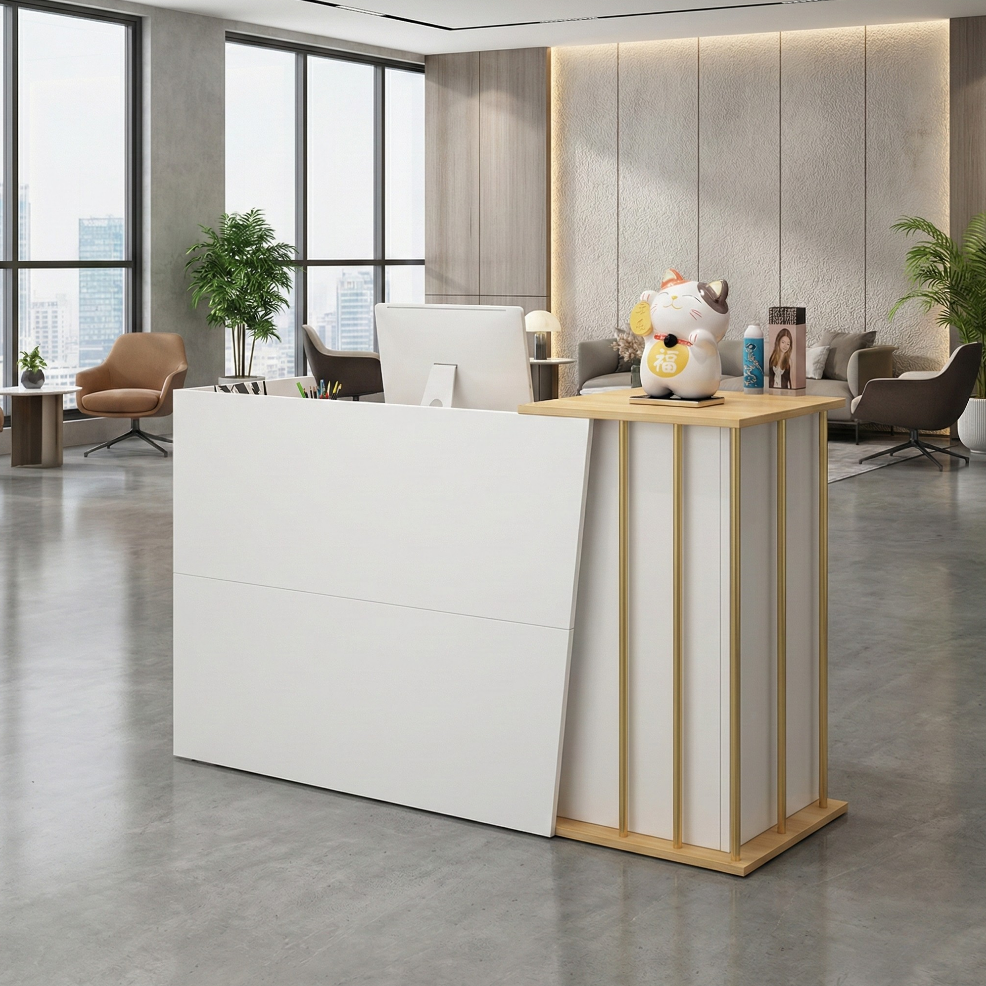 অফিসের জন্য অভ্যর্থনা টেবিল ছোট কাউন্টার স্টাইলিশ ডিজাইন পার্টিকেল বোর্ড এবং ড্রয়ার এবং স্টোরেজ দিয়ে তৈরি