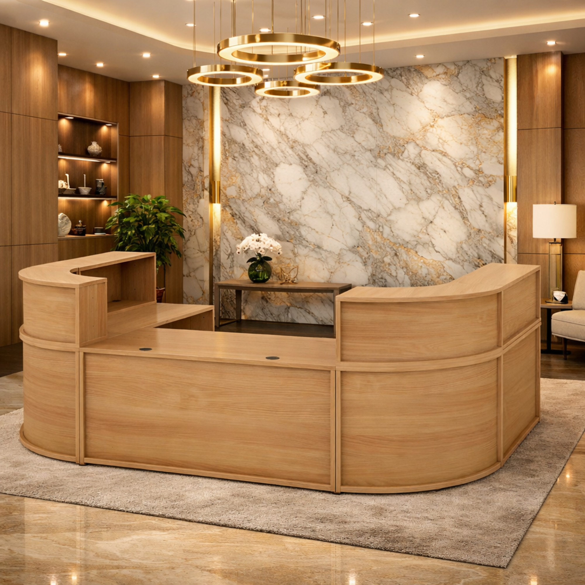 অফিসের জন্য U আকৃতির স্টাইলিশ ডিজাইনের রিসেপশন টেবিল, ল্যামিনেট এবং দুটি গোলাকার তারের ম্যানেজার এবং ২ জনের বসার জন্য ক্যাশিয়ার কাউন্টার টেবিল সহ MDF দিয়ে তৈরি।