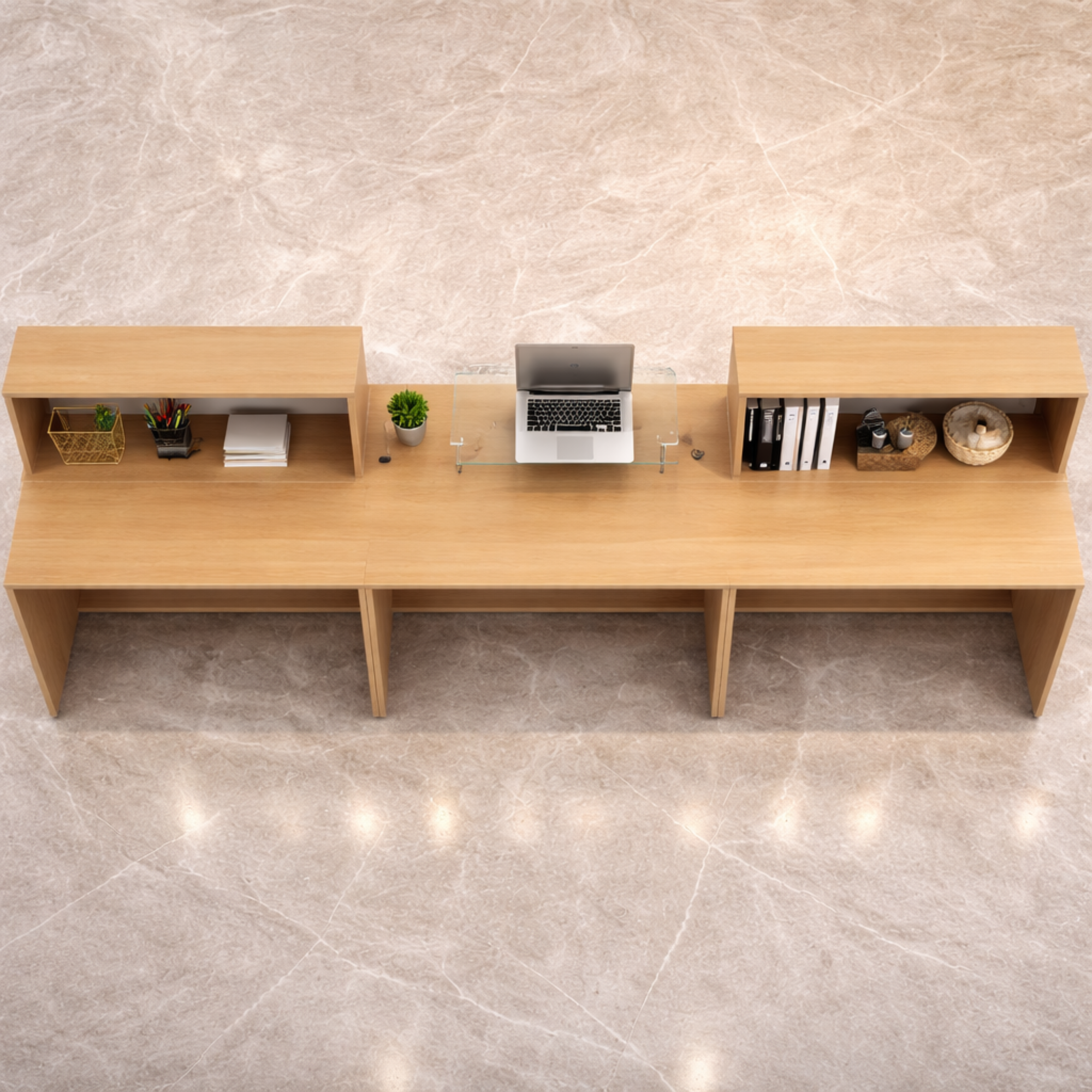 অফিসের জন্য স্টাইলিশ ডিজাইনের রিসেপশন টেবিল, MDF দিয়ে তৈরি, চারটি গোলাকার তারের ম্যানেজার এবং ১-৩ জনের বসার জন্য ক্যাশিয়ারের বড় কাউন্টার টেবিল