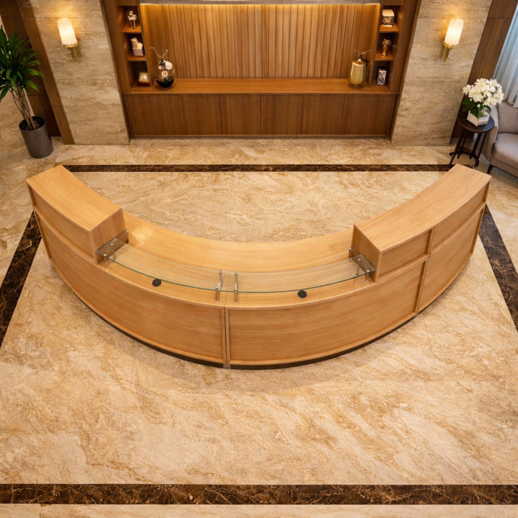 অফিসের জন্য স্টাইলিশ ডিজাইনের রিসেপশন টেবিল MDF দিয়ে তৈরি, চারটি গোলাকার তারের ম্যানেজার এবং ৩ জনের বসার জন্য বড় কাউন্টার টেবিল - Ice-Beach