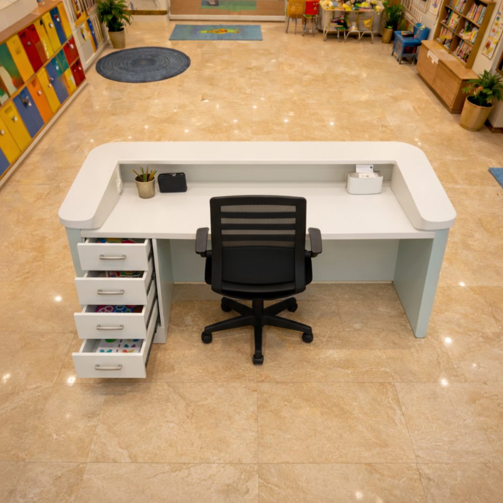 অফিসের জন্য বিলাসবহুল আধুনিক কাউন্টারের জন্য অভ্যর্থনা টেবিল মার্বেল প্যাটার্ন এবং প্রশস্ত স্টোরেজ এবং দুই ব্যক্তির আসন সহ MDF দিয়ে তৈরি স্টাইলিশ ডিজাইন - সাদা