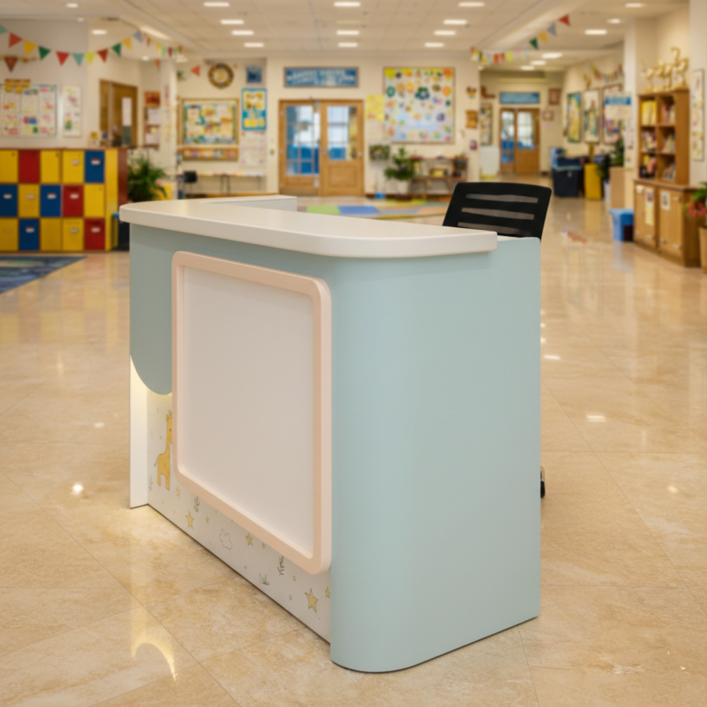 অফিসের জন্য বিলাসবহুল আধুনিক কাউন্টারের জন্য অভ্যর্থনা টেবিল মার্বেল প্যাটার্ন এবং প্রশস্ত স্টোরেজ এবং দুই ব্যক্তির আসন সহ MDF দিয়ে তৈরি স্টাইলিশ ডিজাইন - সাদা