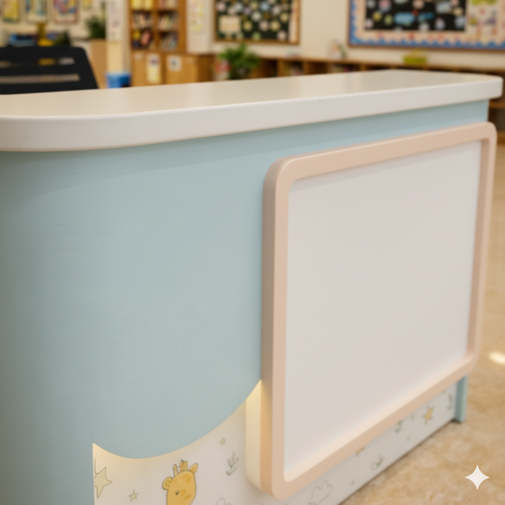 অফিসের জন্য বিলাসবহুল আধুনিক কাউন্টারের জন্য অভ্যর্থনা টেবিল মার্বেল প্যাটার্ন এবং প্রশস্ত স্টোরেজ এবং দুই ব্যক্তির আসন সহ MDF দিয়ে তৈরি স্টাইলিশ ডিজাইন - সাদা