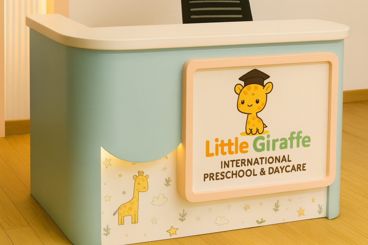 Reception Table with Contemporary School Reception Counter with Display Space and Smart Layout