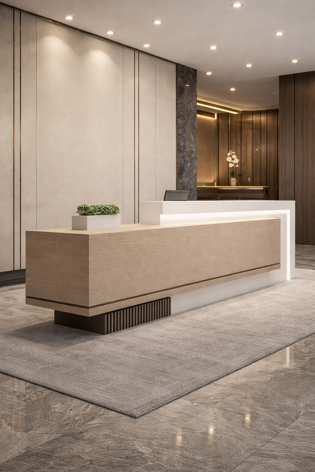 অফিসের জন্য বিলাসবহুল আধুনিক কাউন্টারের জন্য অভ্যর্থনা টেবিল মার্বেল প্যাটার্ন এবং প্রশস্ত স্টোরেজ এবং দুই ব্যক্তির আসন সহ MDF দিয়ে তৈরি স্টাইলিশ ডিজাইন - সাদা