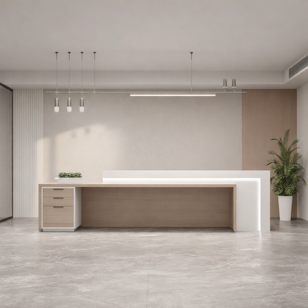 অফিসের জন্য বিলাসবহুল আধুনিক কাউন্টারের জন্য অভ্যর্থনা টেবিল মার্বেল প্যাটার্ন এবং প্রশস্ত স্টোরেজ এবং দুই ব্যক্তির আসন সহ MDF দিয়ে তৈরি স্টাইলিশ ডিজাইন - সাদা