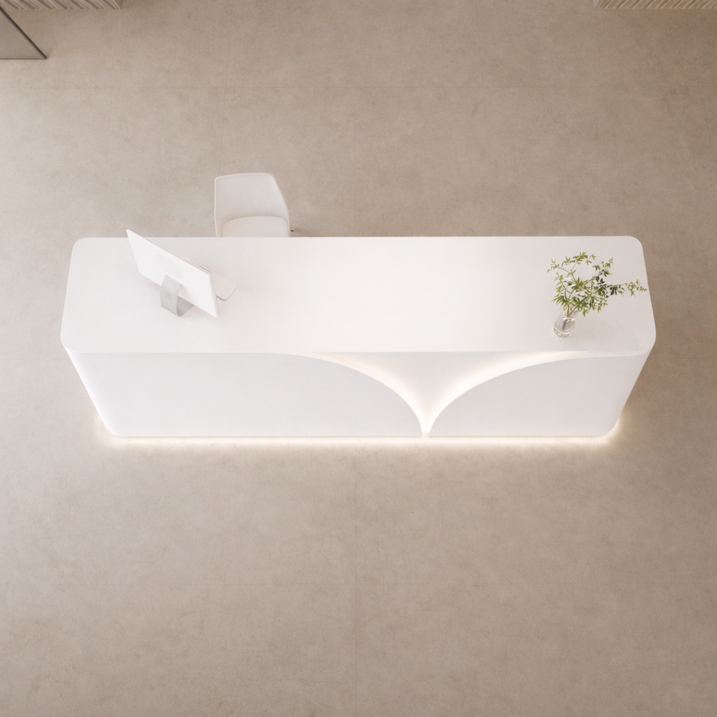 অফিসের জন্য বিলাসবহুল আধুনিক কাউন্টারের জন্য অভ্যর্থনা টেবিল মার্বেল প্যাটার্ন এবং প্রশস্ত স্টোরেজ এবং দুই ব্যক্তির আসন সহ MDF দিয়ে তৈরি স্টাইলিশ ডিজাইন - সাদা