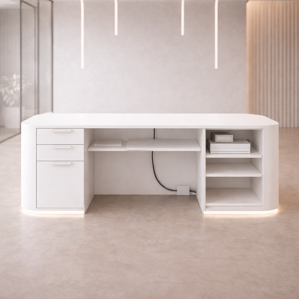 অফিসের জন্য বিলাসবহুল আধুনিক কাউন্টারের জন্য অভ্যর্থনা টেবিল মার্বেল প্যাটার্ন এবং প্রশস্ত স্টোরেজ এবং দুই ব্যক্তির আসন সহ MDF দিয়ে তৈরি স্টাইলিশ ডিজাইন - সাদা