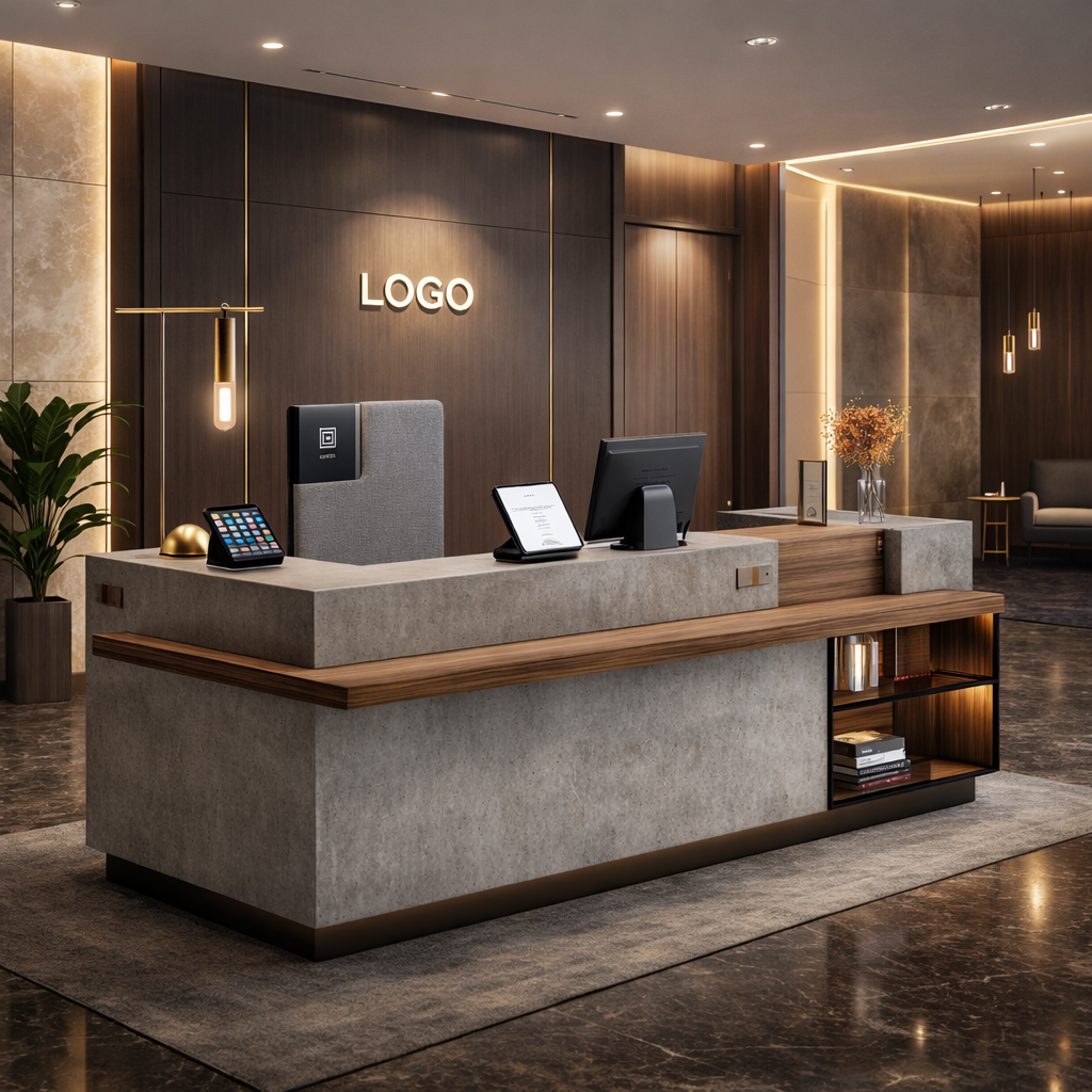 Luxury Modern Office Reception Table with Concrete Texture, Wooden Accents & Integrated Storage for Corporate, Hotel & Commercial Reception Areas